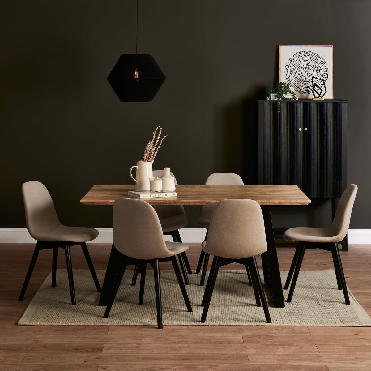 Atlas Chalked Mango Wood Dining Table Set - 6 Seater - Ellis Soft Beige Dining Chairs - Black Oak Legs