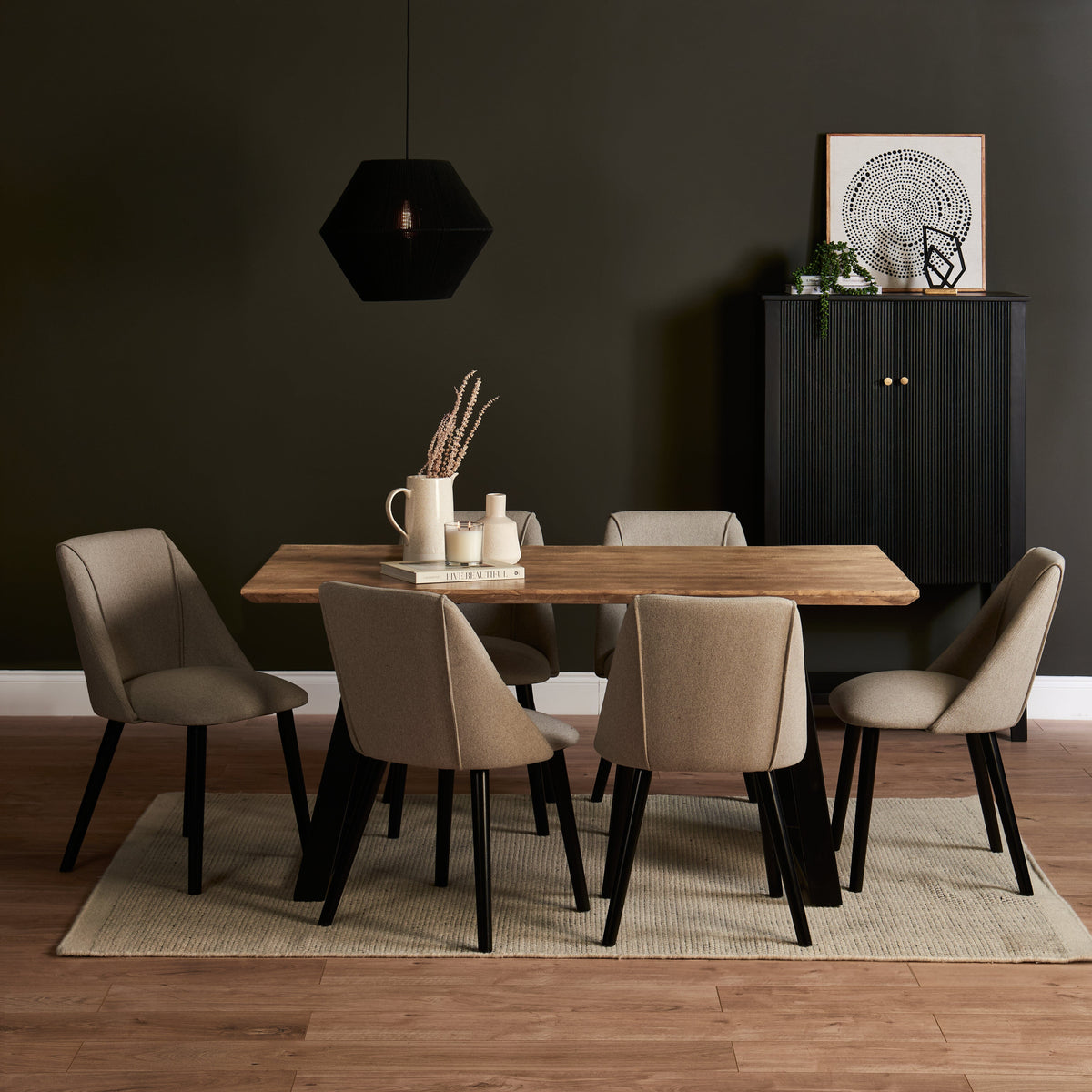 Atlas Chalked Mango Wood Dining Table Set - 6 Seater - Freya Sand Dining Chairs - Black Oak Legs