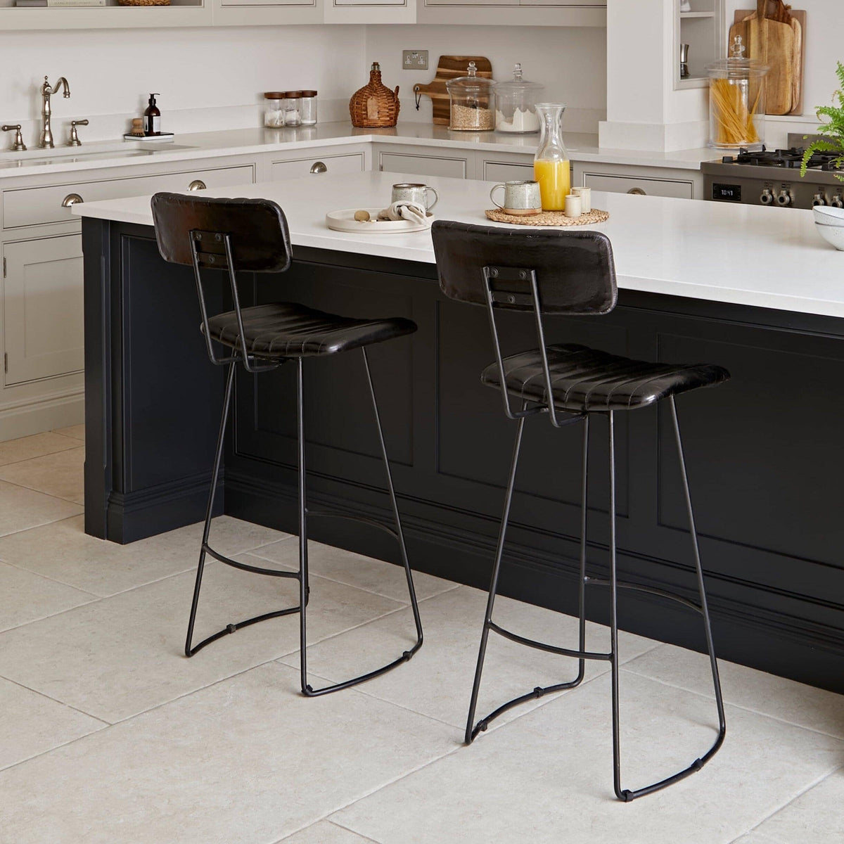 Jayden Black Leather Tall Bar Stools - Set of 2 - Black Metal Legs