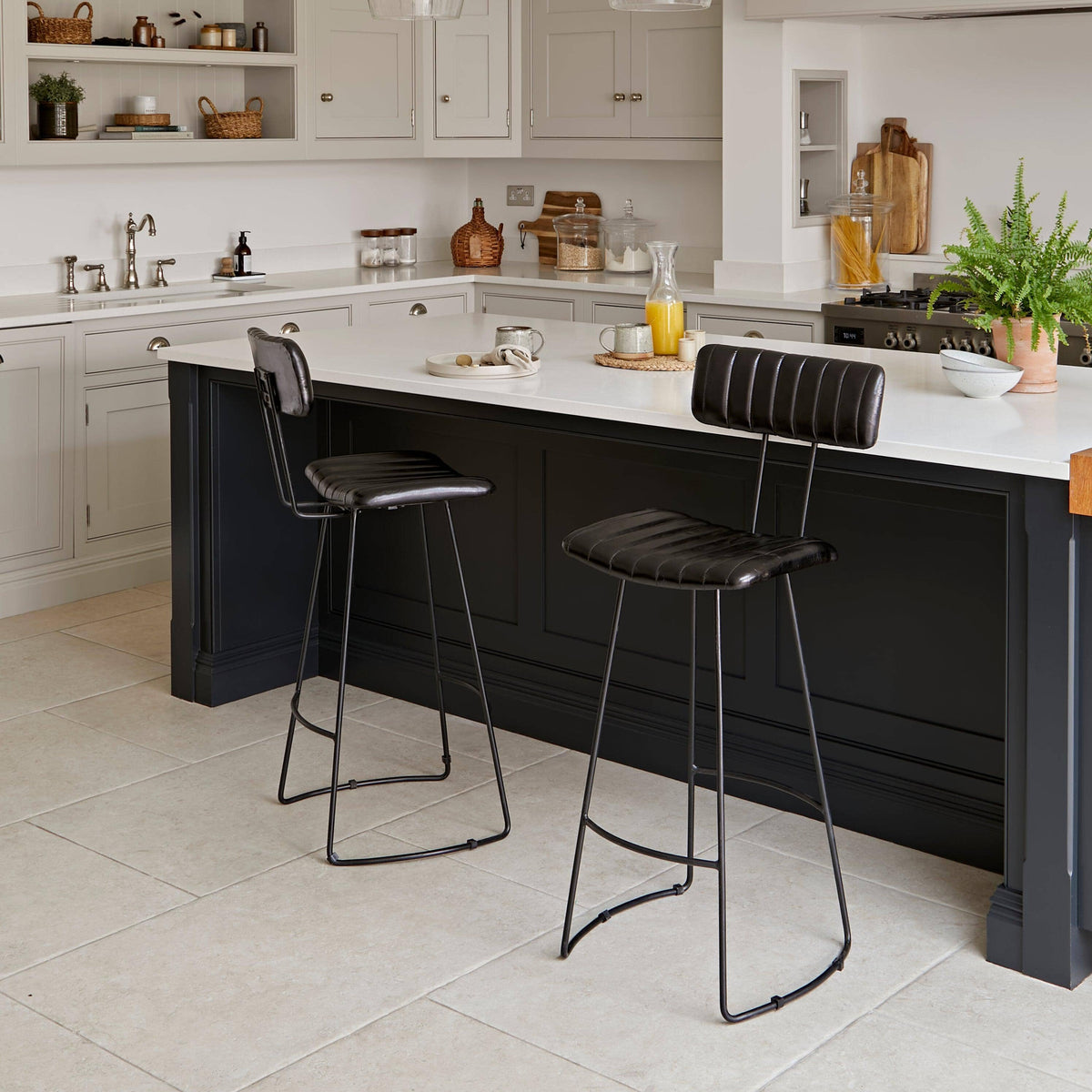 Jayden Black Leather Tall Bar Stools - Set of 2 - Black Metal Legs