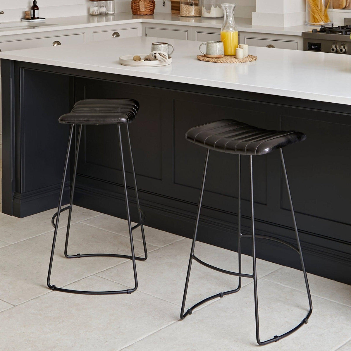 Jayden Black Leather Tall Backless Bar Stools - Set of 2 - Black Metal Legs