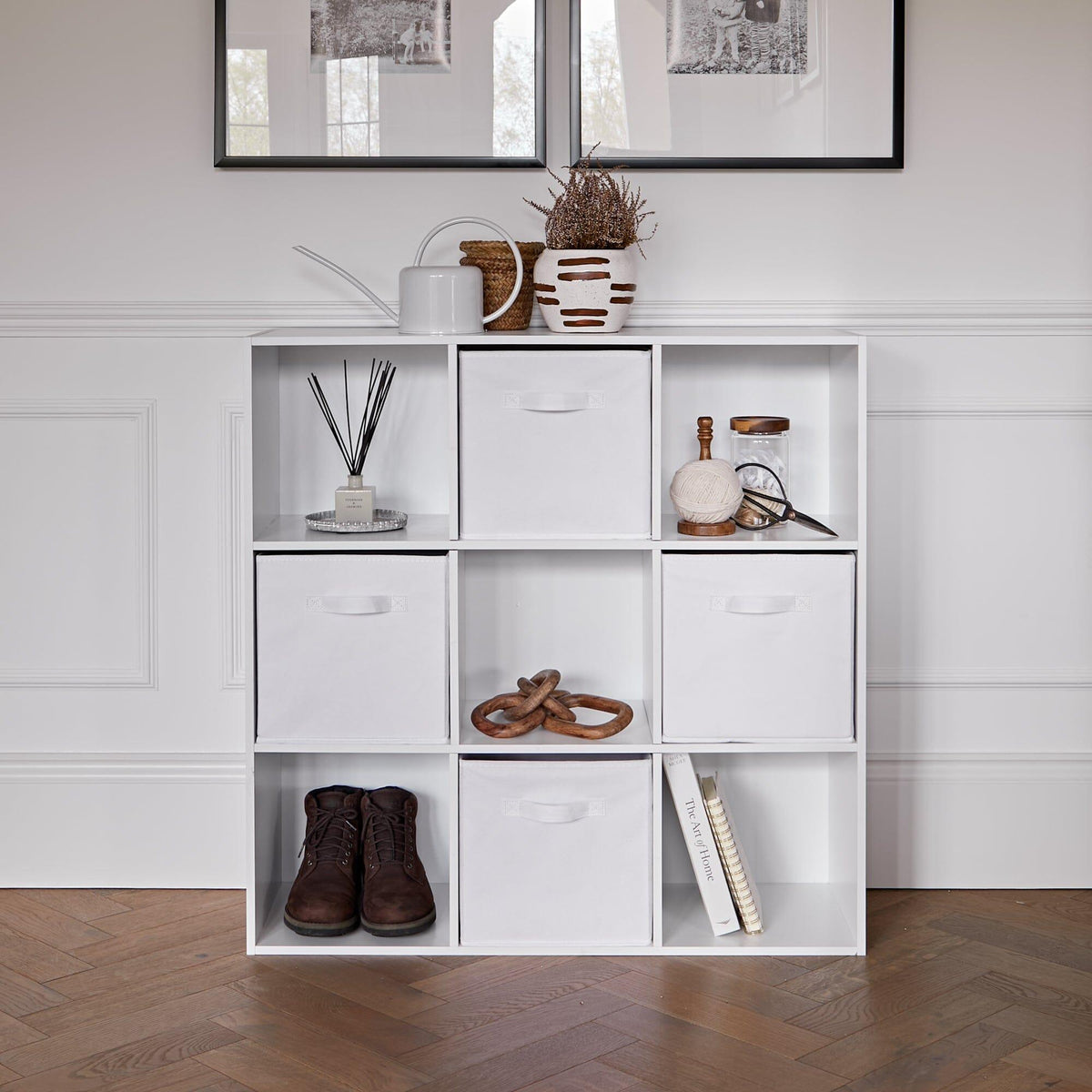 Cara 9 Cube Storage Unit - Chalk White Bookcase with White Boxes