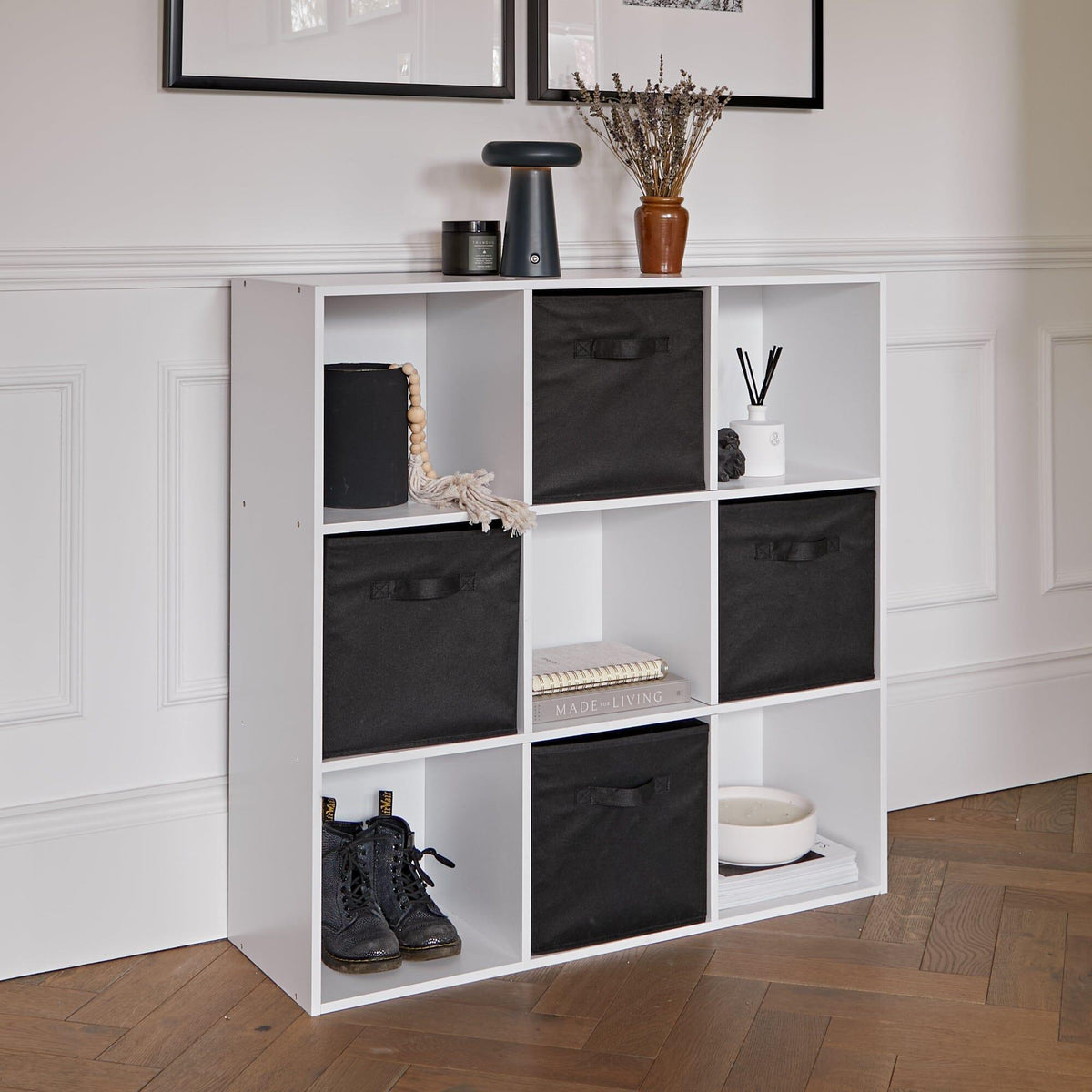 Cara 9 Cube Storage Unit - Chalk White Bookcase with Black Boxes