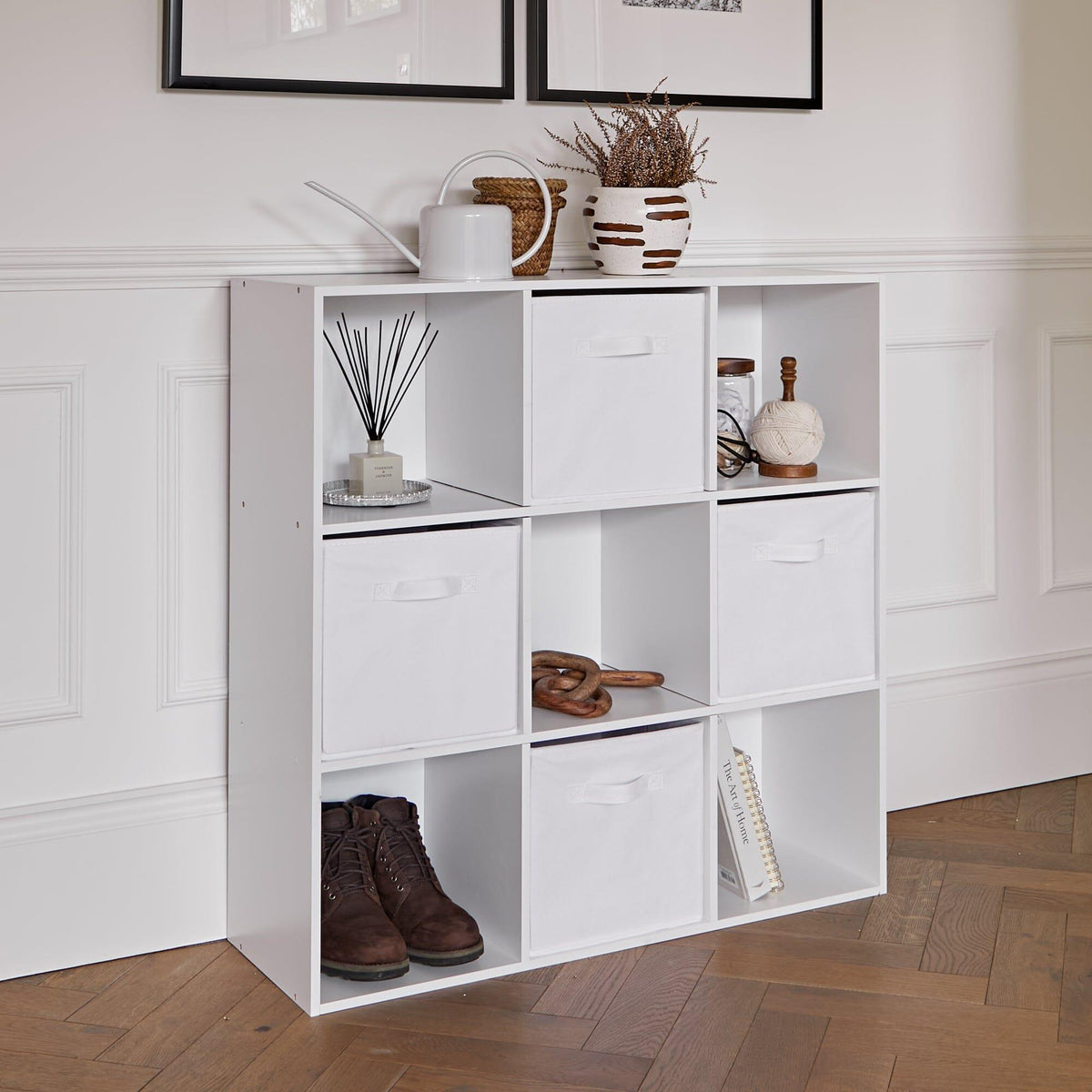 Cara 9 Cube Storage Unit - Chalk White Bookcase with White Boxes