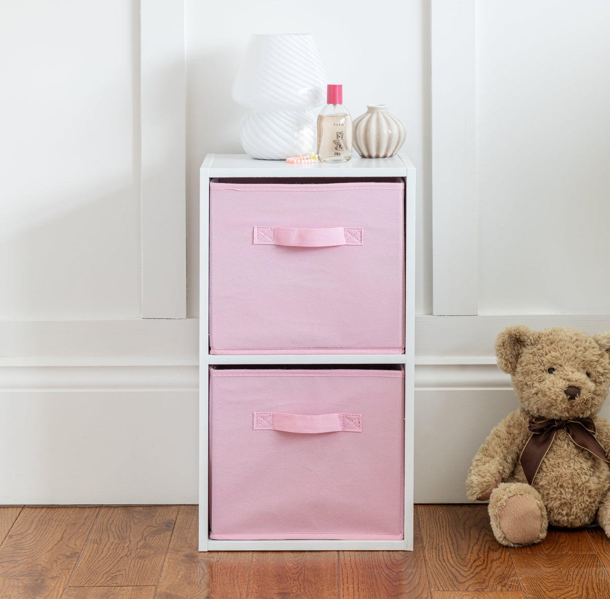 Cara 2 Tier Storage Unit / Chalk White Bookcase with Pink Boxes