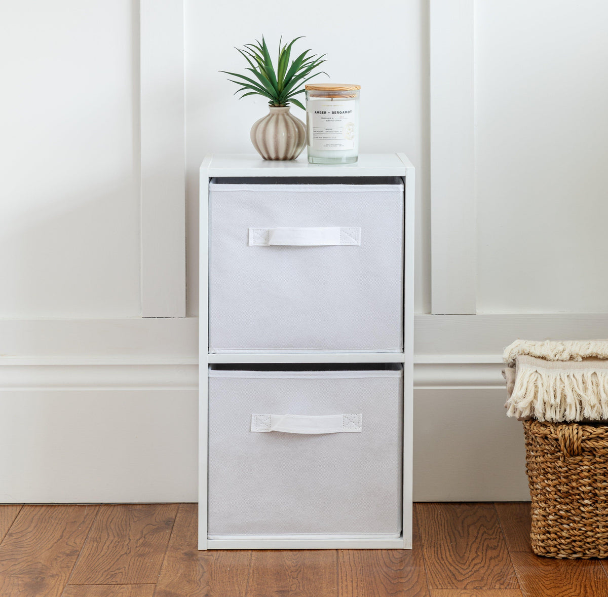 Cara 2 Tier Storage Unit / Chalk White Bookcase with White Boxes