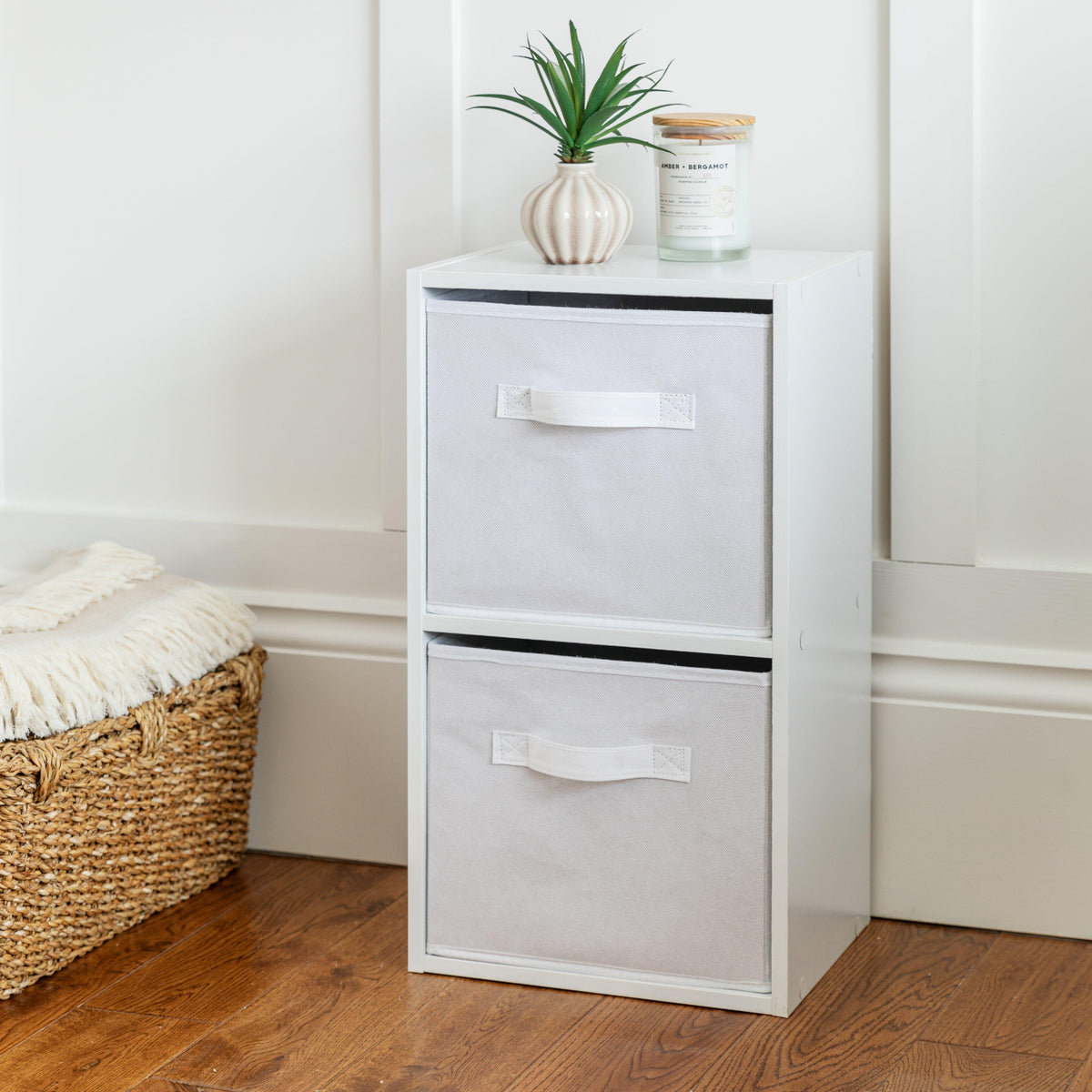 Cara 2 Tier Storage Unit / Chalk White Bookcase with White Boxes