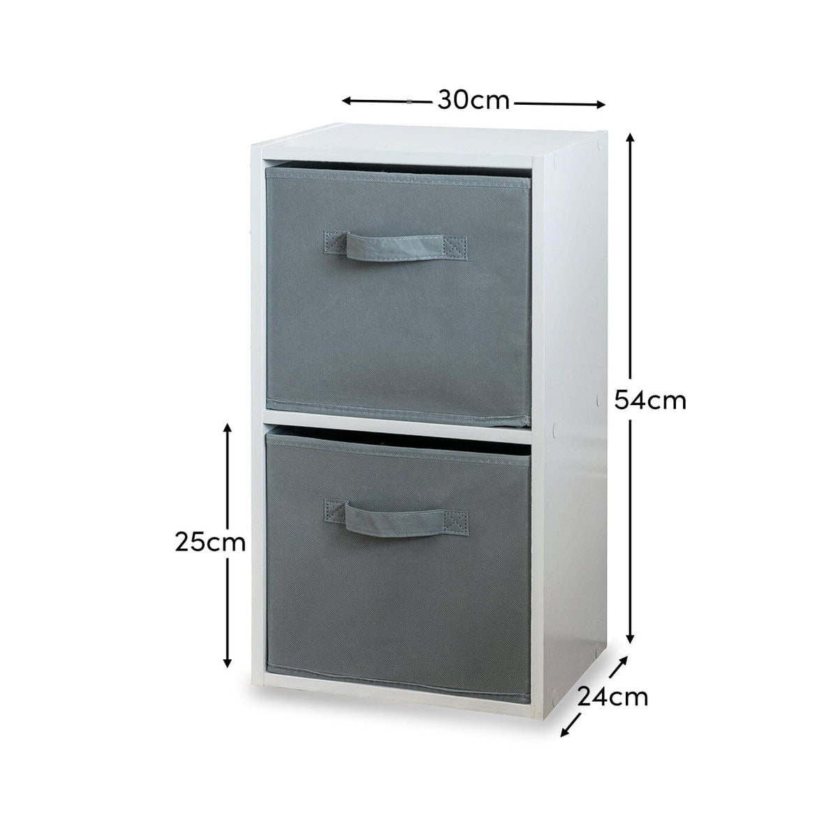 Cara 2 Tier Storage Unit / Chalk White Bookcase with Grey Boxes