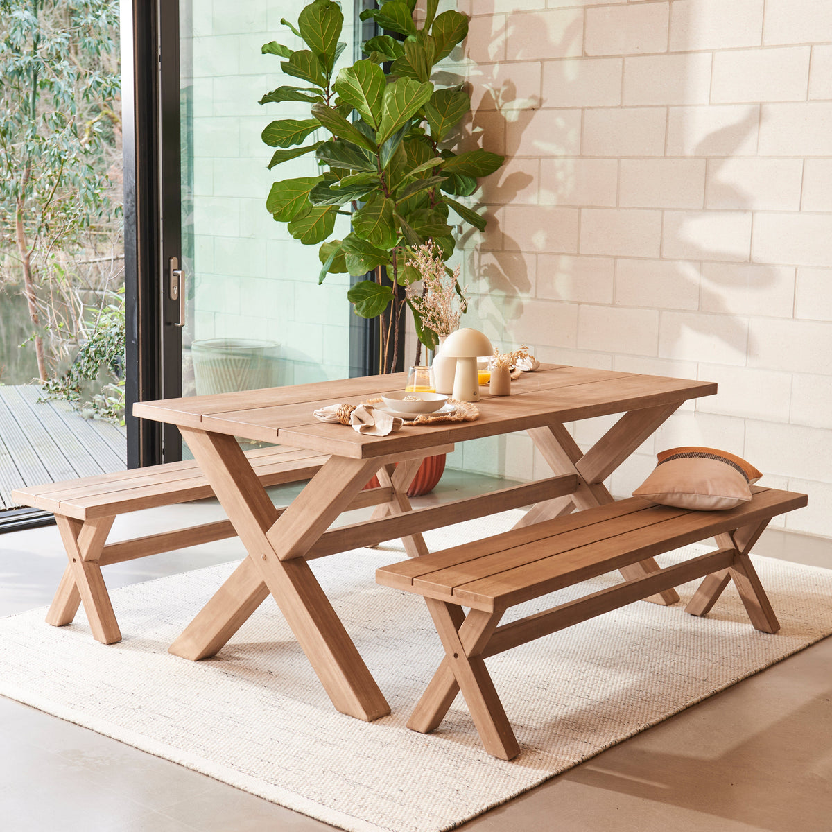 Charlotte 190cm Dining Table with 2 150cm Dining Benches - Brushed Acacia