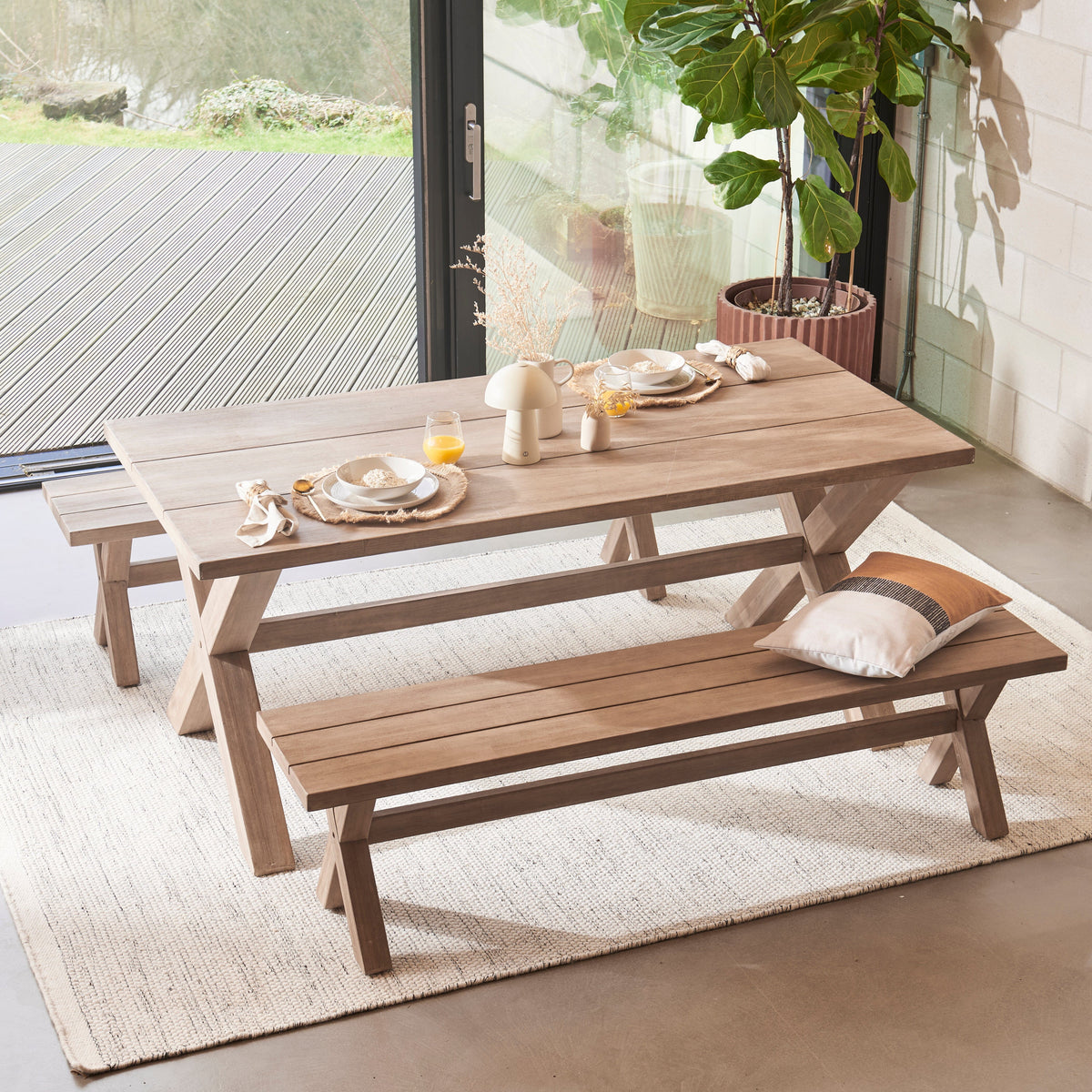 Charlotte 190cm Dining Table with 2 150cm Dining Benches - Brushed Acacia