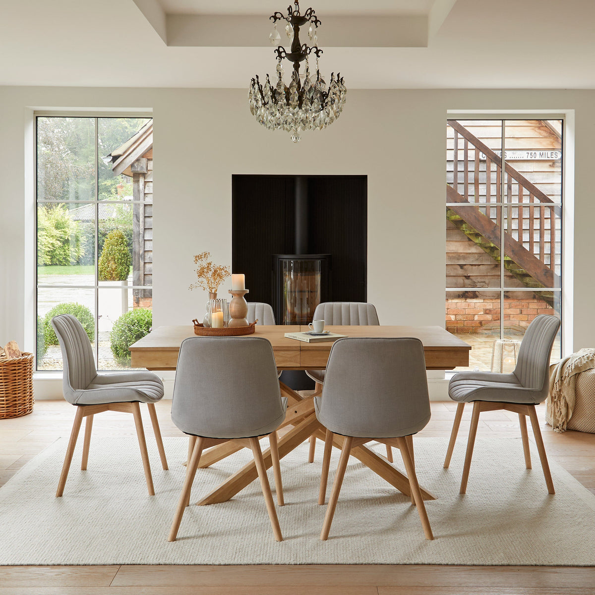 Amelia Whitewash Extending Dining Table Set - 6 Seater - Bella Cloud Grey Dining Chairs - Whitewash Legs