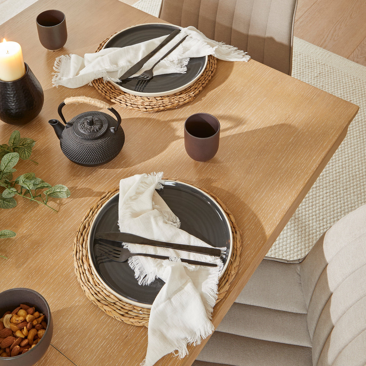 Amelia Whitewash Extendable Dining Table Set - 6 Seater - Bella Soft Beige Dining Chairs - Black Legs
