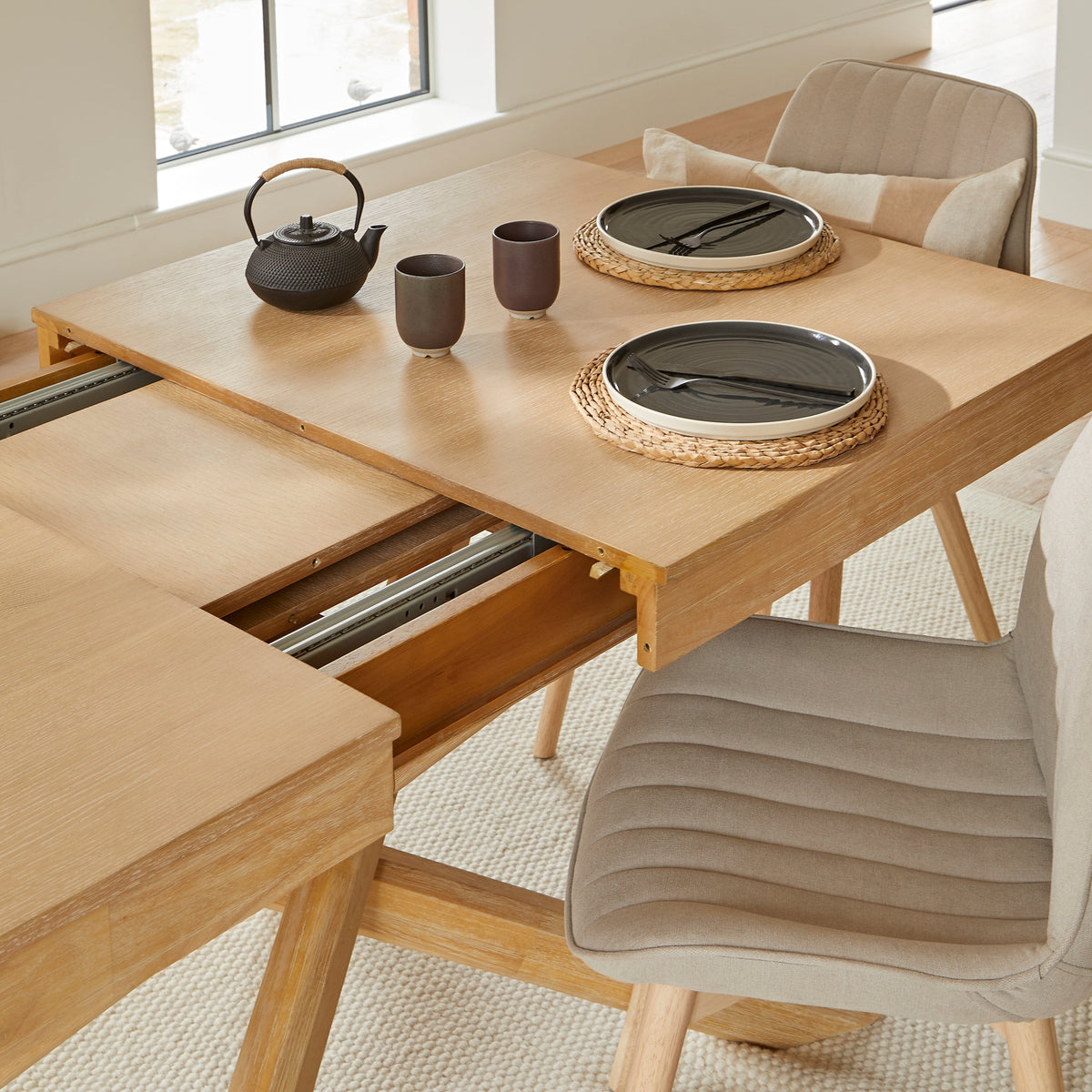 Amelia Whitewash Extending Dining Table Set - 6 Seater - Bella Light Beige Boucle Dining Chairs - Whitewash Legs