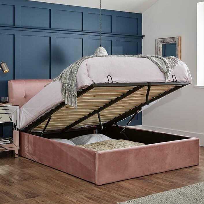 Outlet - Elle King Size Ottoman Bed - Pink Velvet