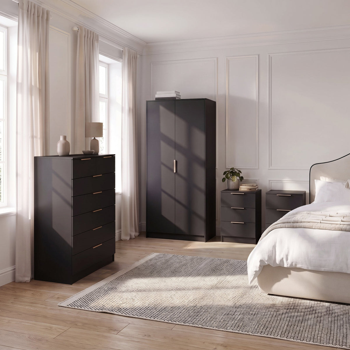 Essie 3 Drawer Bedside Table - Pitch Black - Set of 2