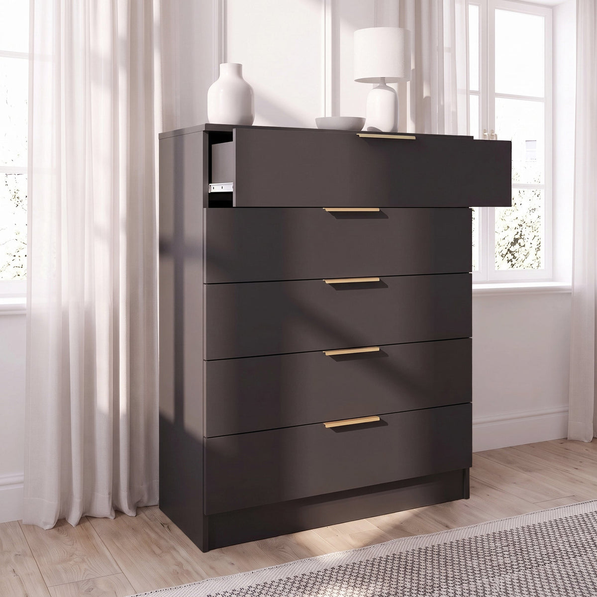 Essie 4 Piece Bedroom Set - 5 Chest of Drawers - Pitch Black