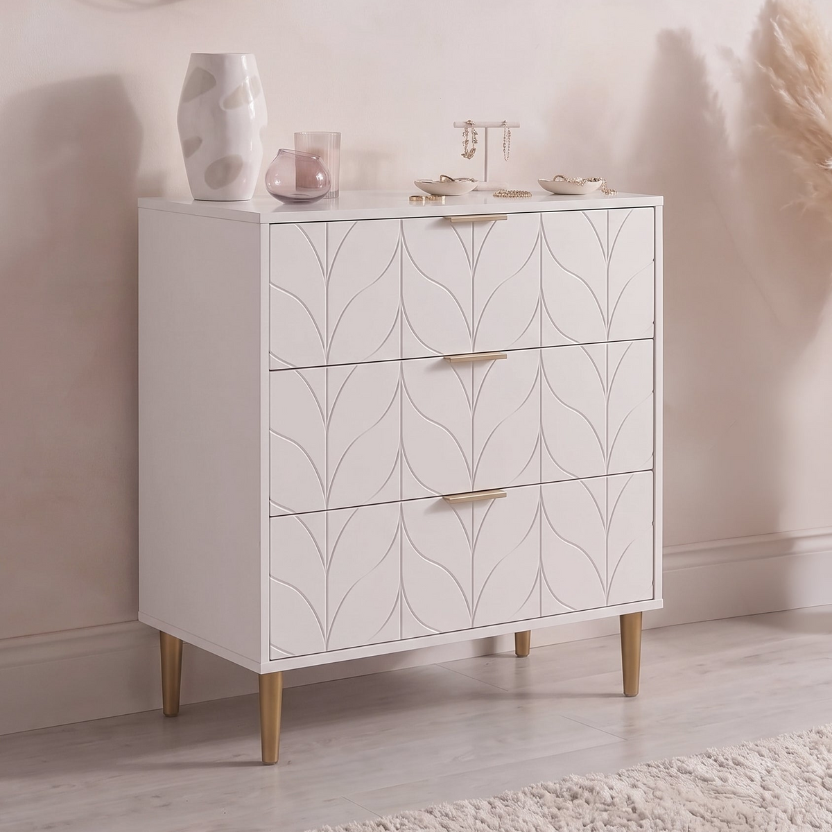 Gloria 3 Drawer Chest of Drawers - White & Brass Effect