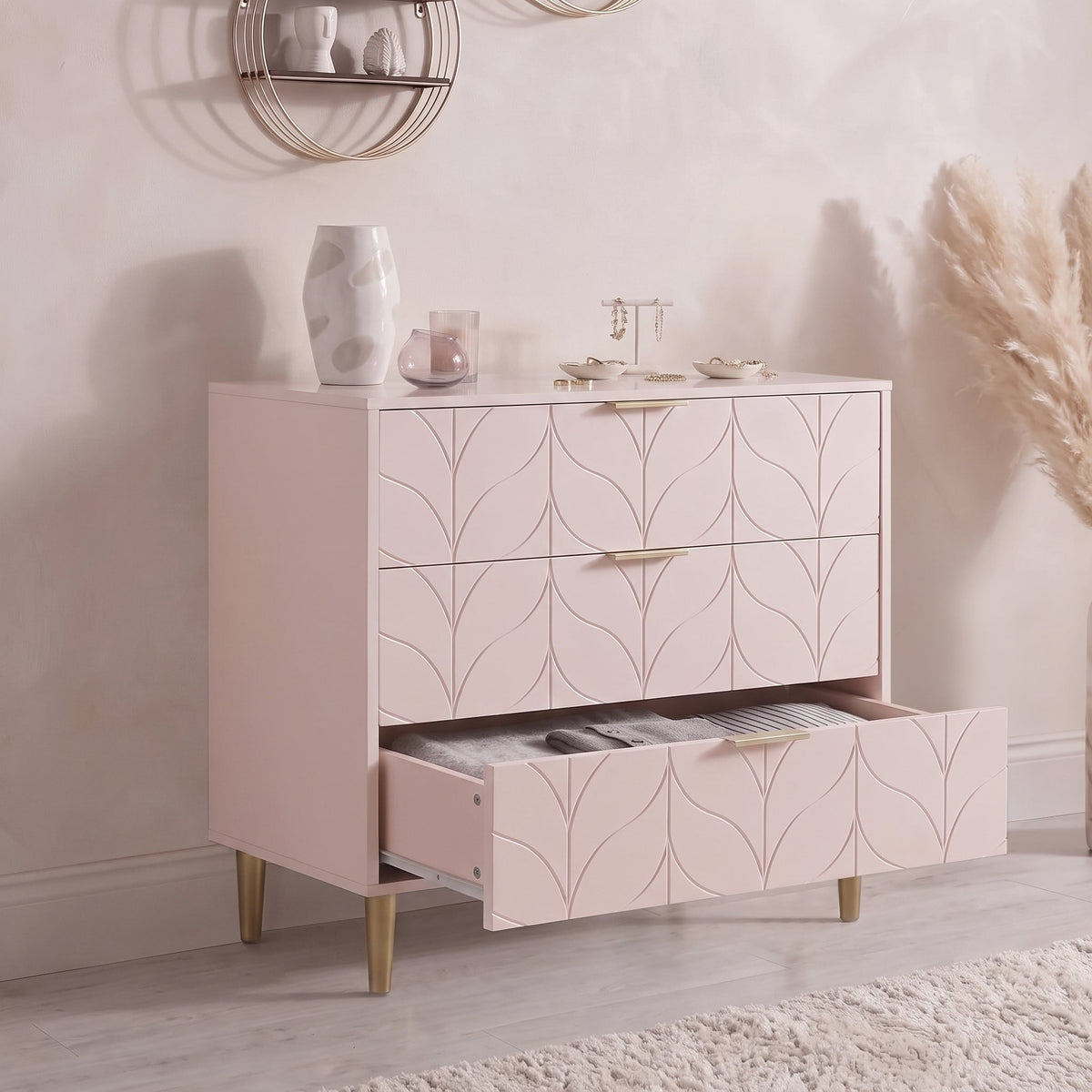Gloria 3 Piece Bedroom Furniture Set - 3 Drawer Chest of Drawers - Blush Pink