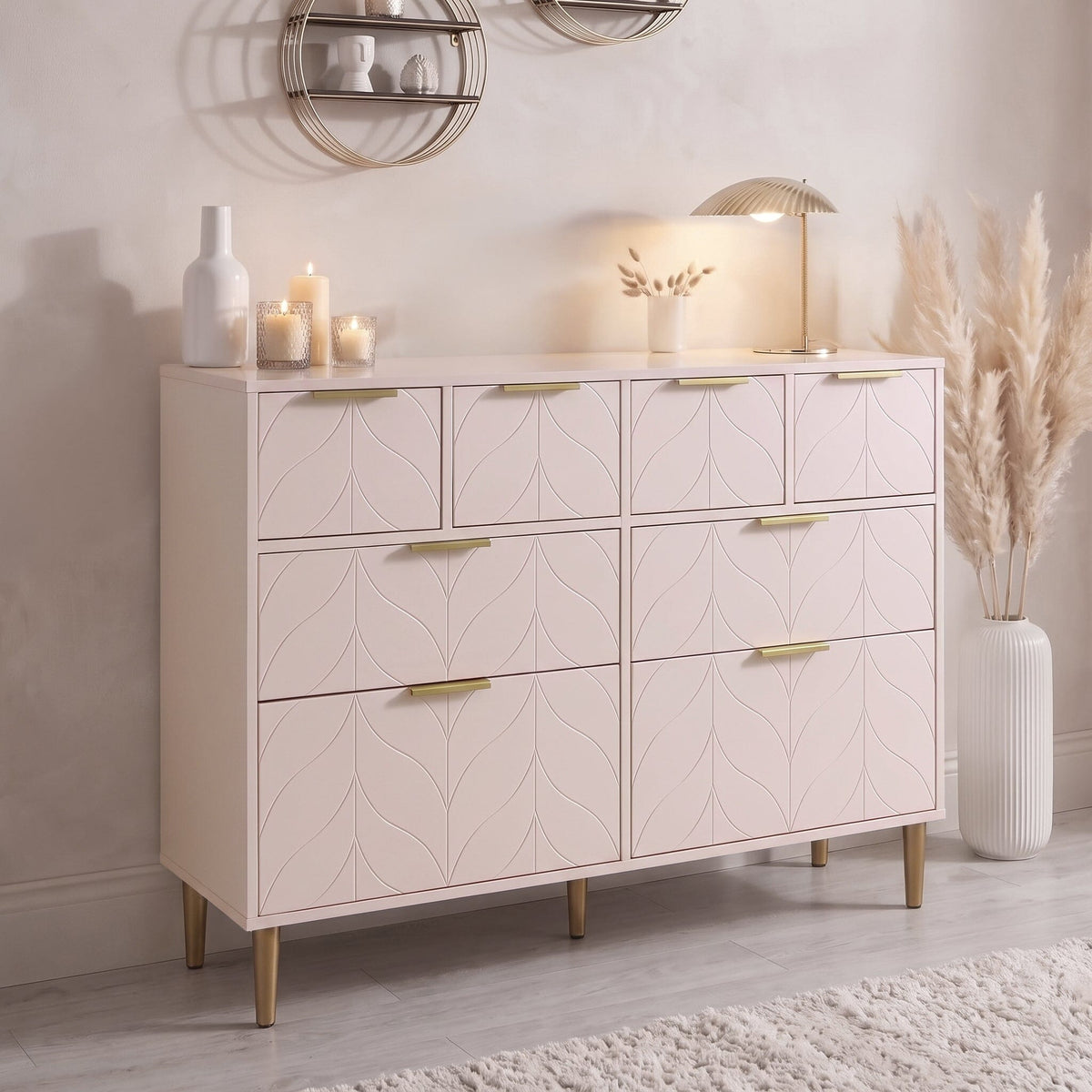 Gloria 8 Drawer Chest of Drawers - Blush Pink & Brass Effect
