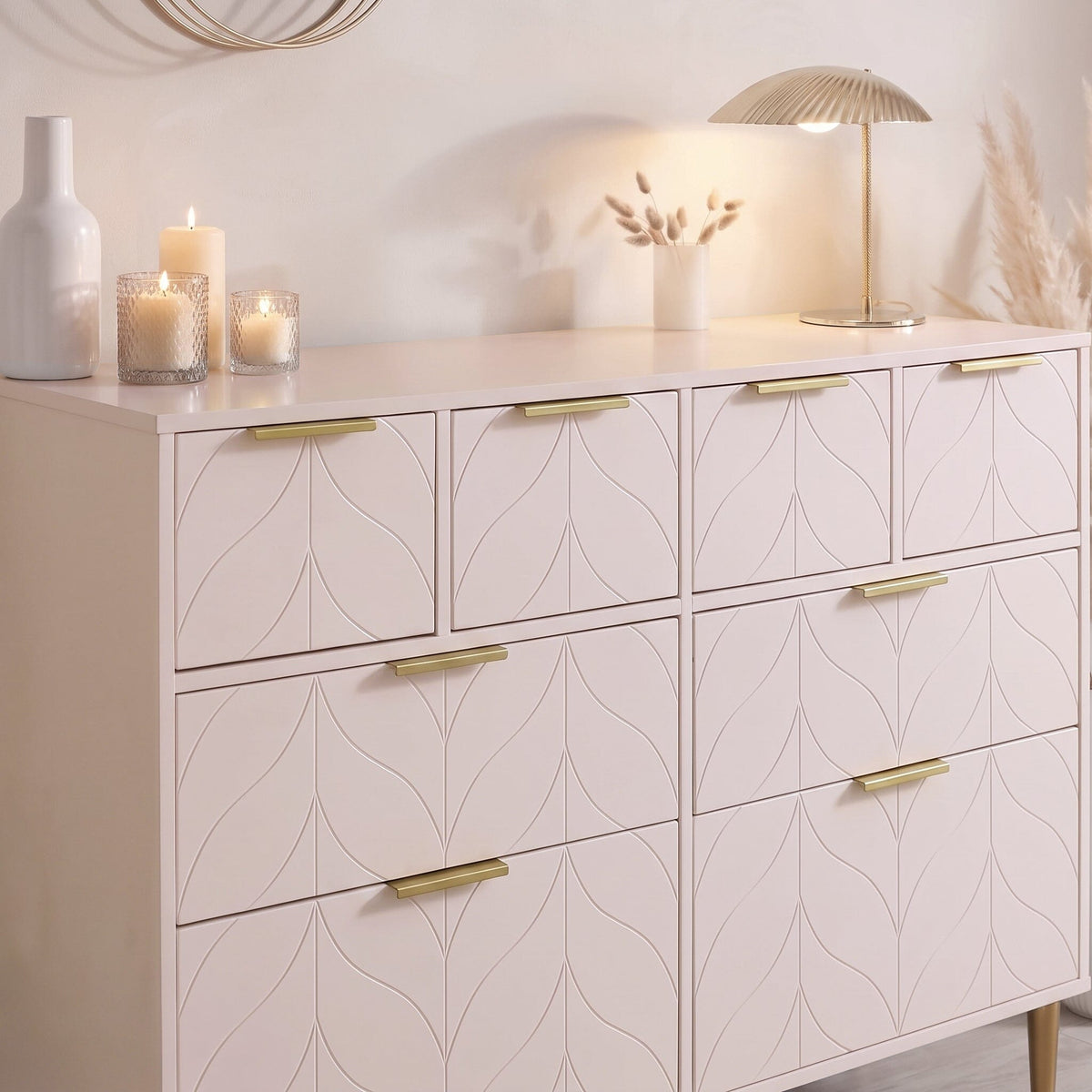 Gloria 8 Drawer Chest of Drawers - Blush Pink & Brass Effect