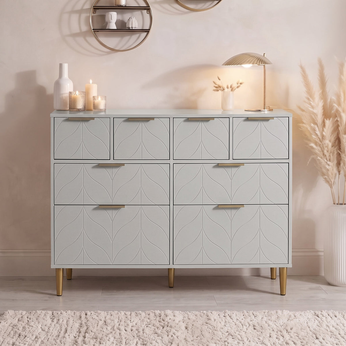 Gloria 8 Drawer Chest of Drawers - Grey & Brass Effect