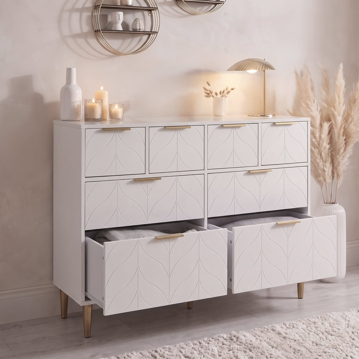 Gloria 4 Piece Bedroom Furniture Set - 4 Over 4 Chest of Drawers - White