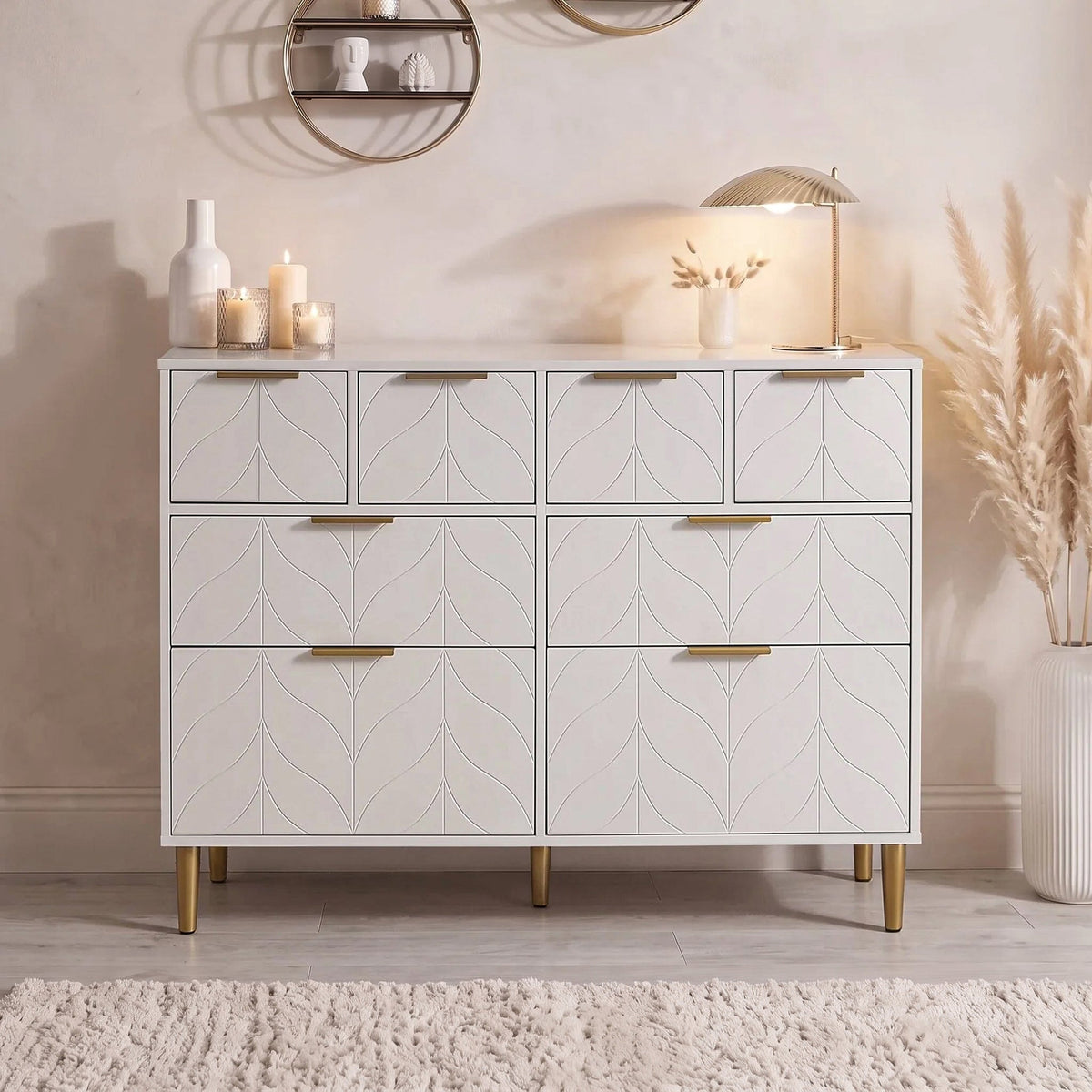 Gloria 4 Piece Bedroom Furniture Set - 4 Over 4 Chest of Drawers - White