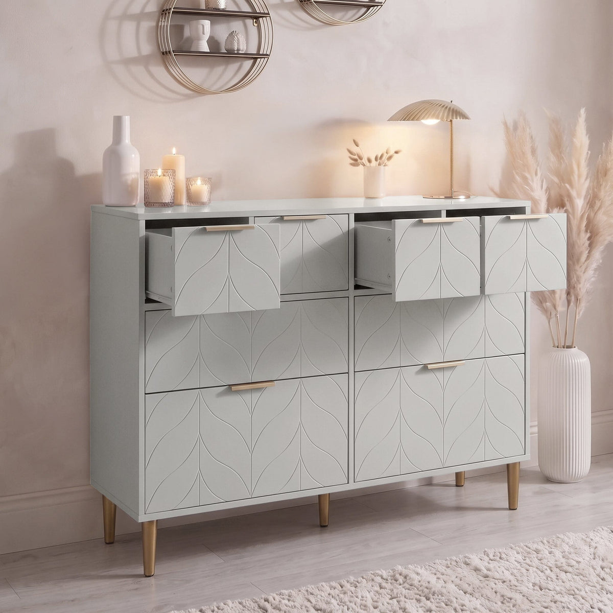 Gloria 8 Drawer Chest of Drawers - Grey & Brass Effect