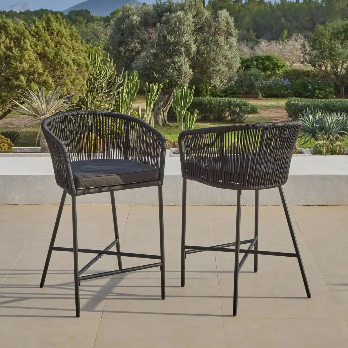 Hali Black Rope Garden Bar Stool with Cushion - Set of 4
