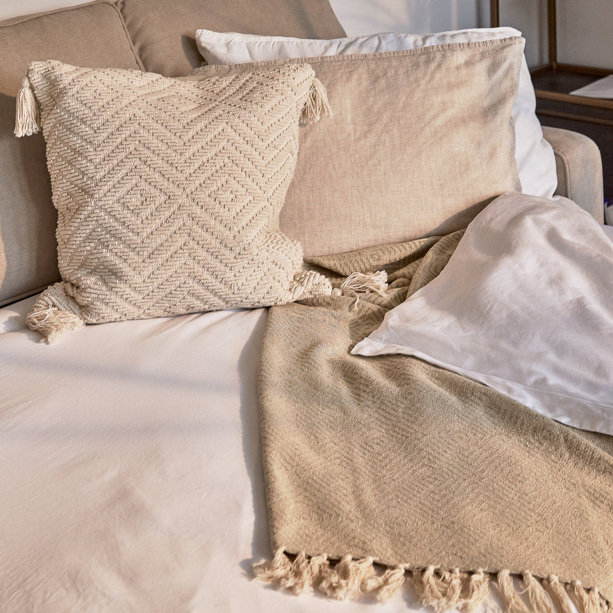 Elborough 50x50cm Diamond Cotton Tasseled Cushion Cover - Off White