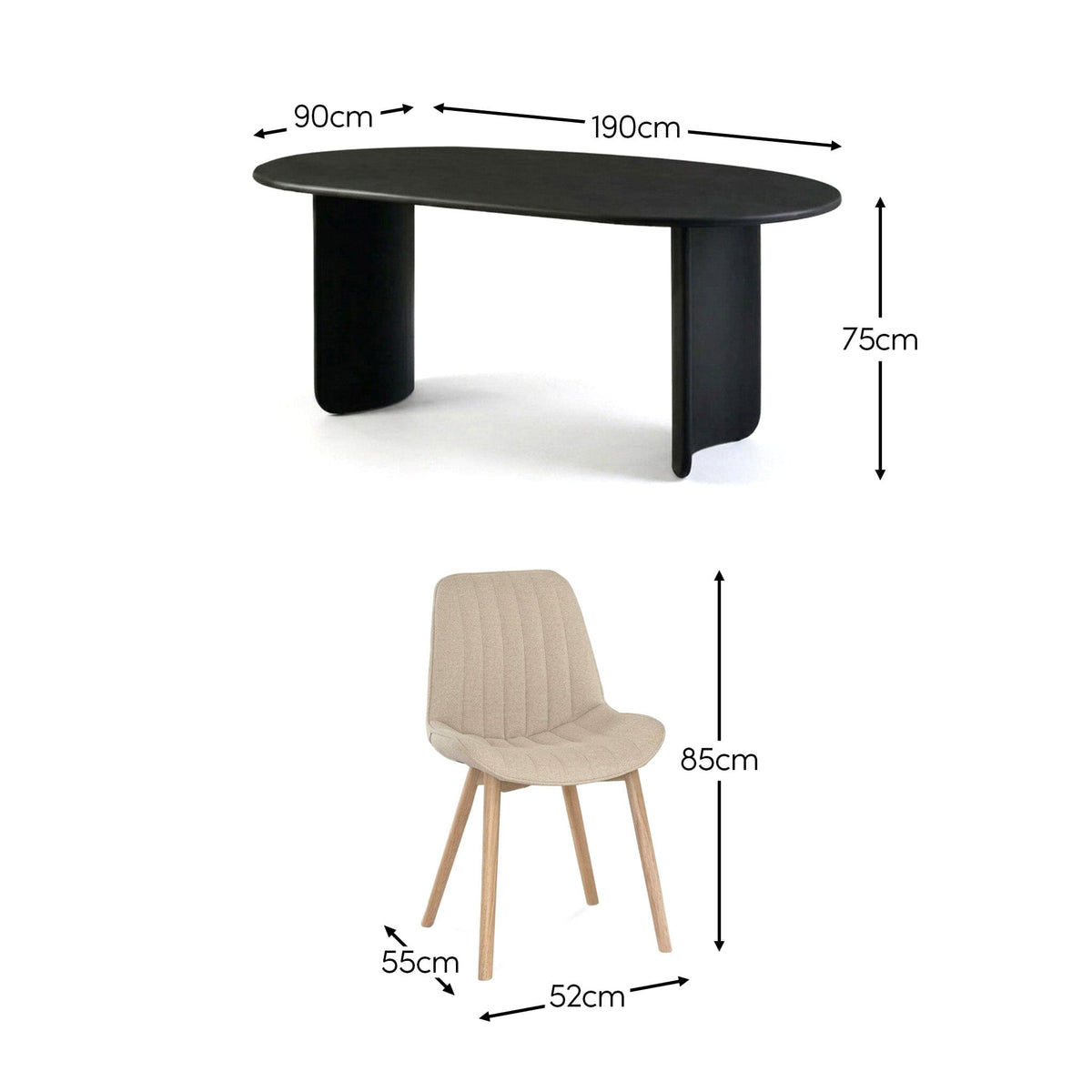Imogen 190cm Black Mango Wood Dining Table Set - 6 Seater - Bella Boucle Dining Chairs - Chalked Mango Wood Legs