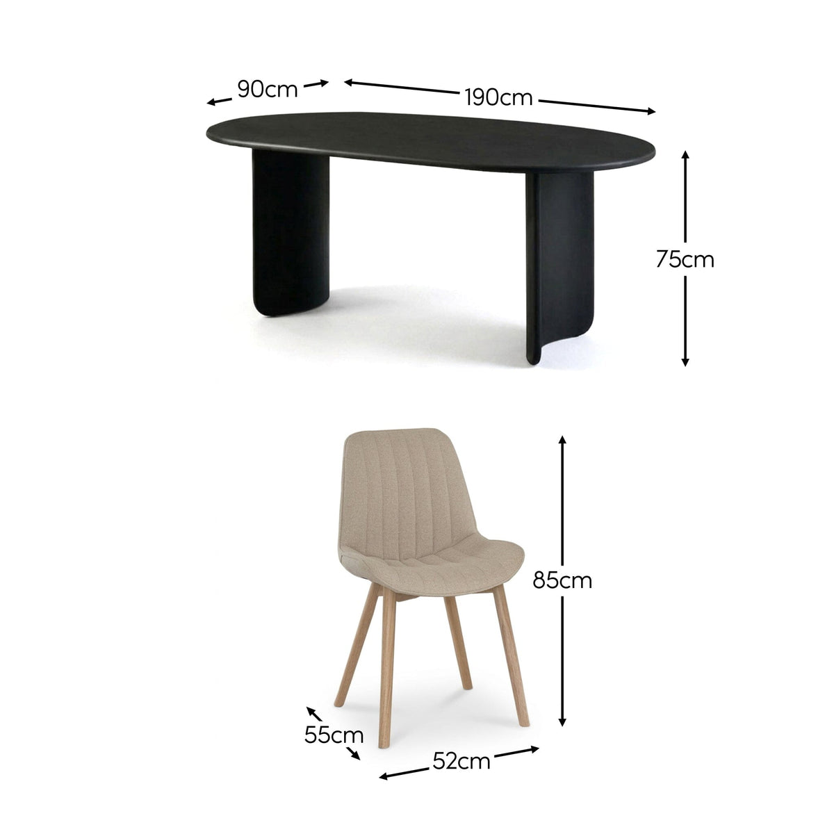 Imogen 190cm Black Mango Wood Dining Table Set - 6 Seater - Bella Soft Beige Dining Chairs - Chalked Mango Wood Legs