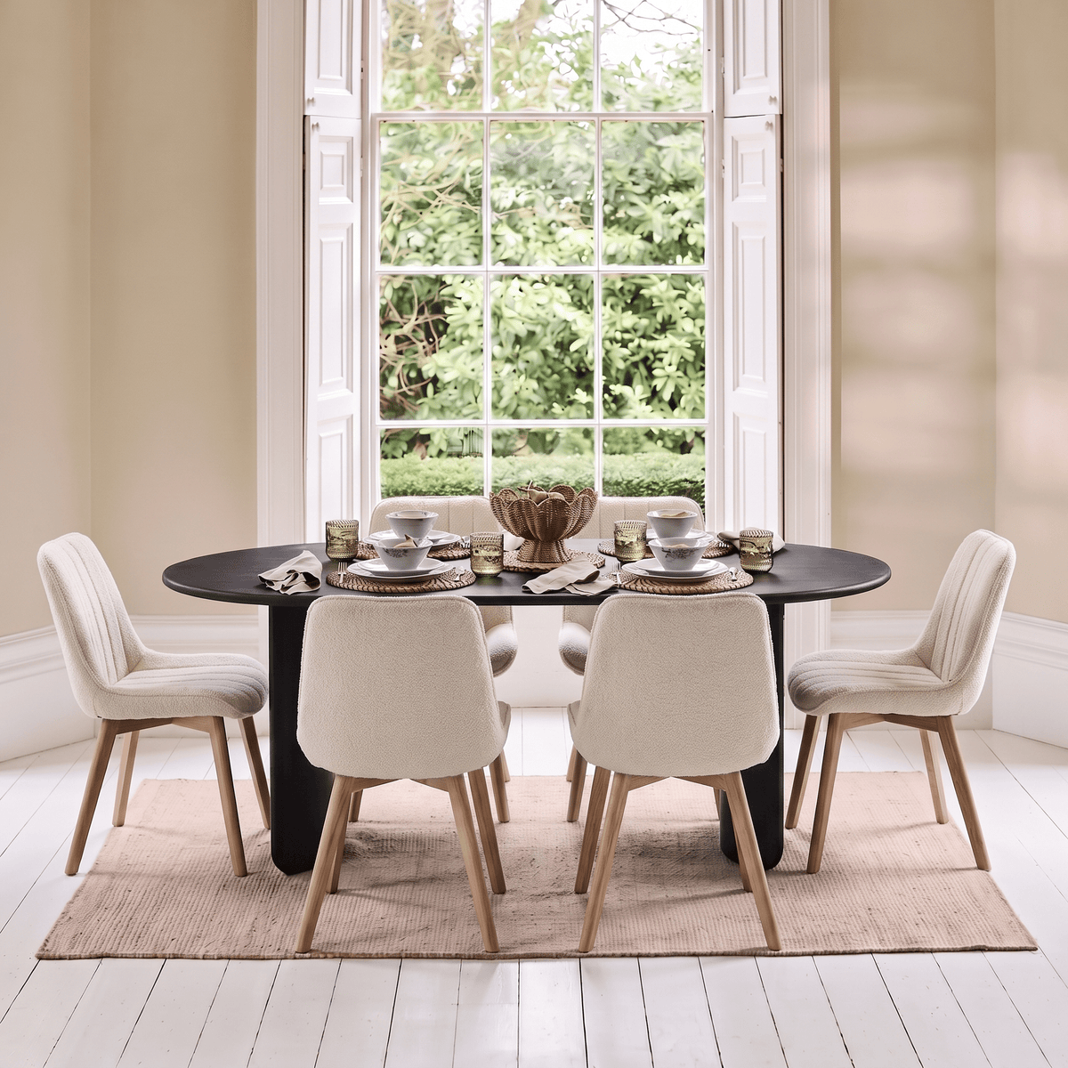 Imogen 190cm Black Mango Wood Dining Table Set - 6 Seater - Bella Boucle Dining Chairs - Chalked Mango Wood Legs
