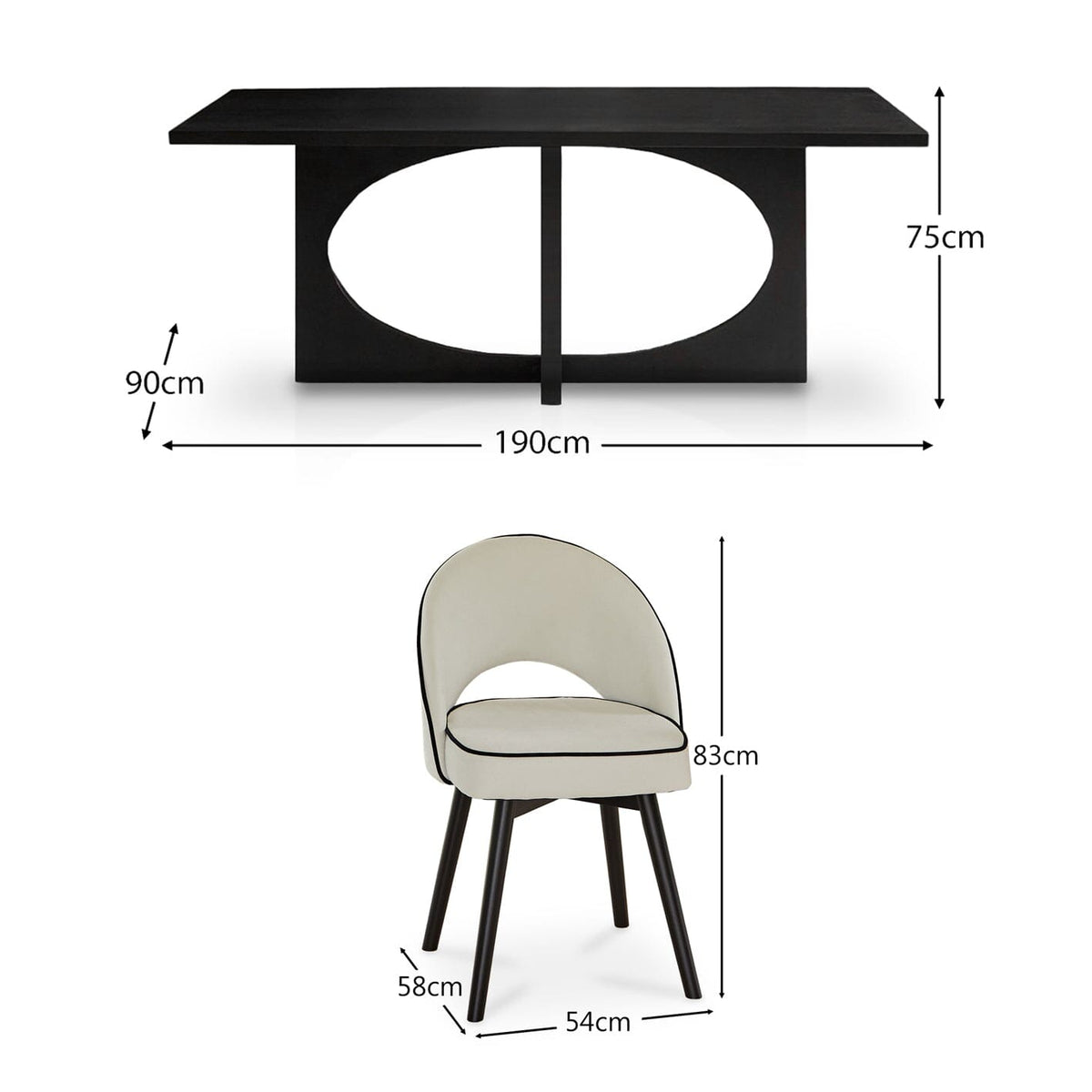 Jade Jet Black Rectangular Acacia Dining Table Set - 6 Seater - Marilyn Ivory with Black Piping Dining Chairs with Black Legs