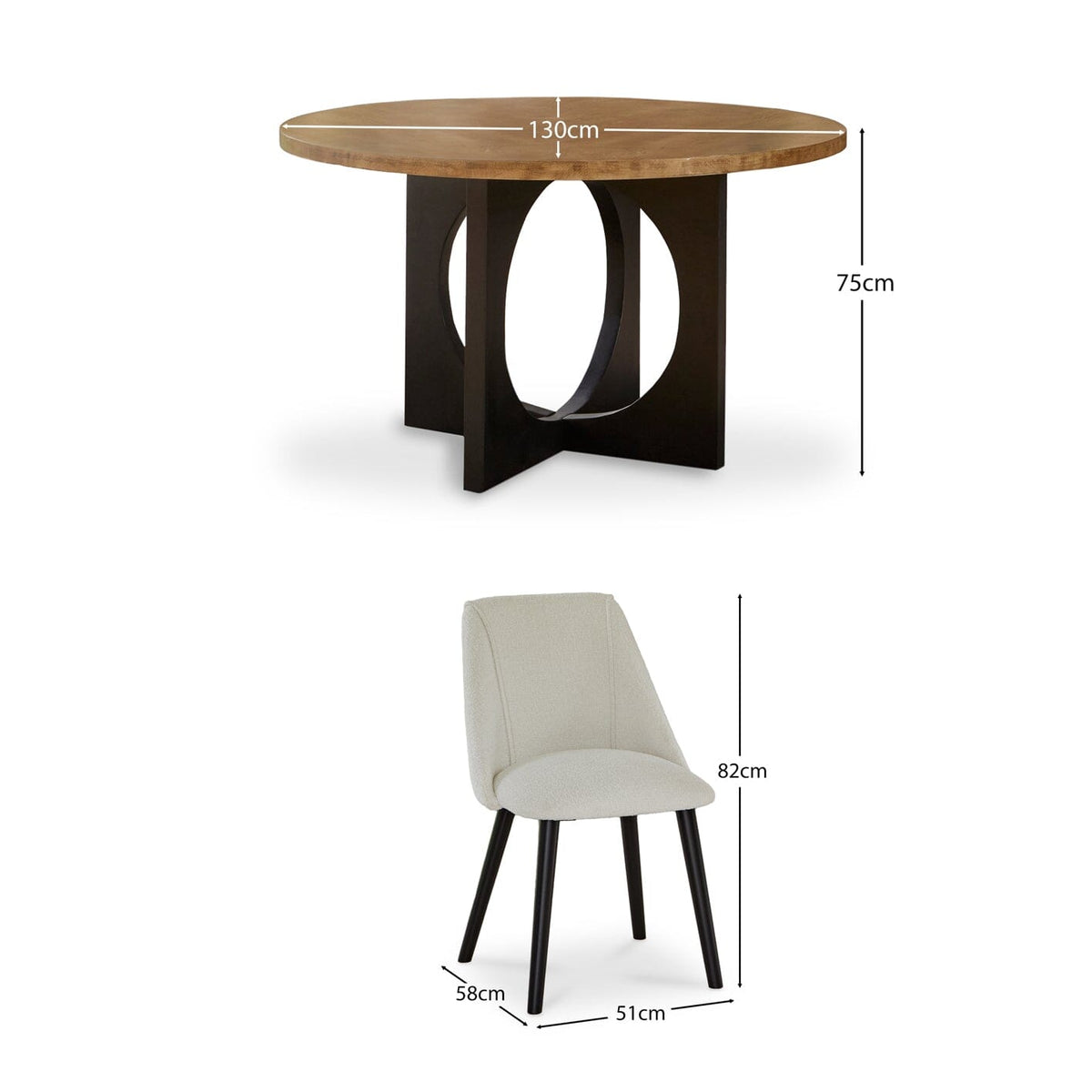 Jade Mango Wood Round Dining Table Set - 4 Seater - Freya Boucle Dining Chairs with Black Legs