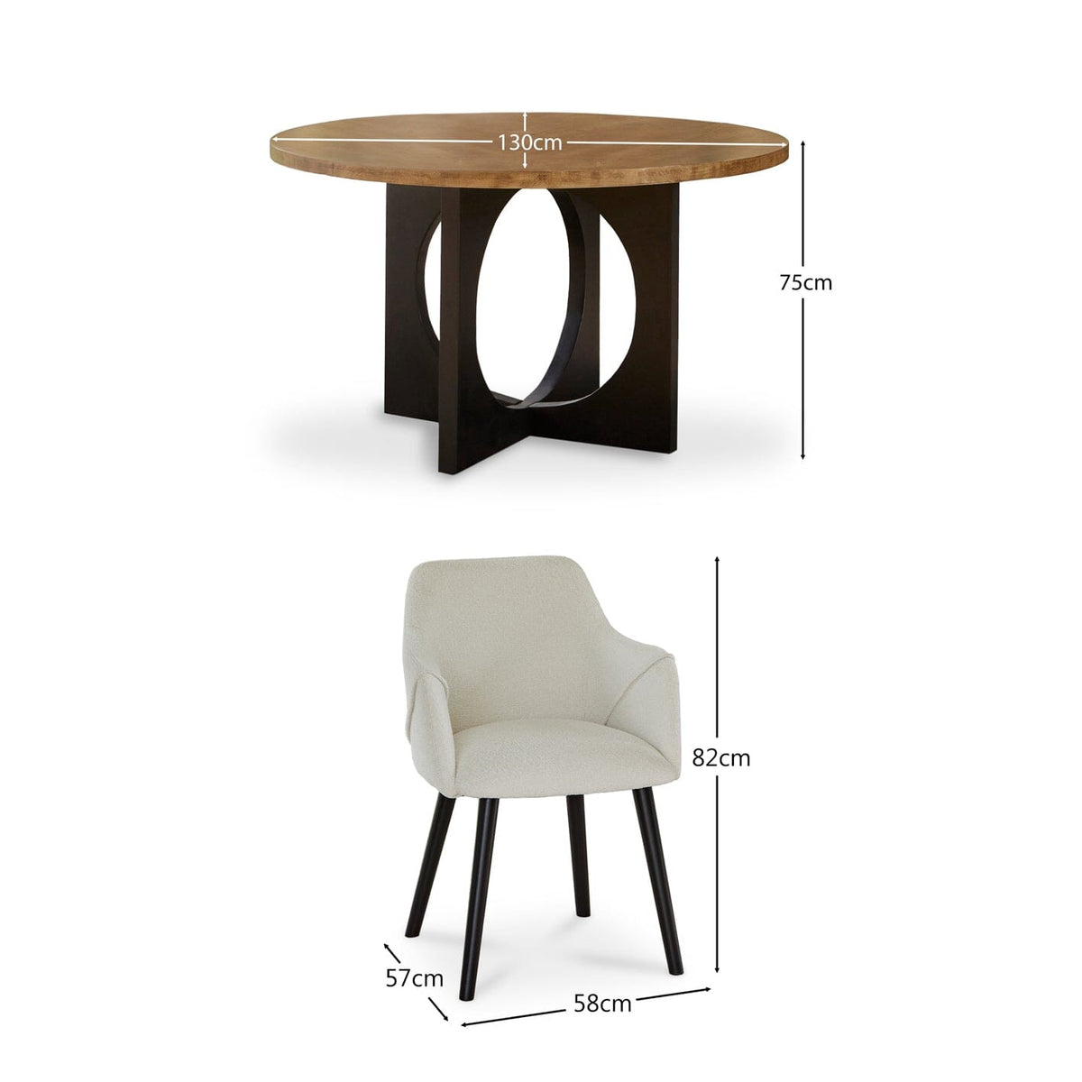 Jade Mango Wood Round Dining Table Set - 4 Seater - Freya Boucle Armchairs with Black Legs