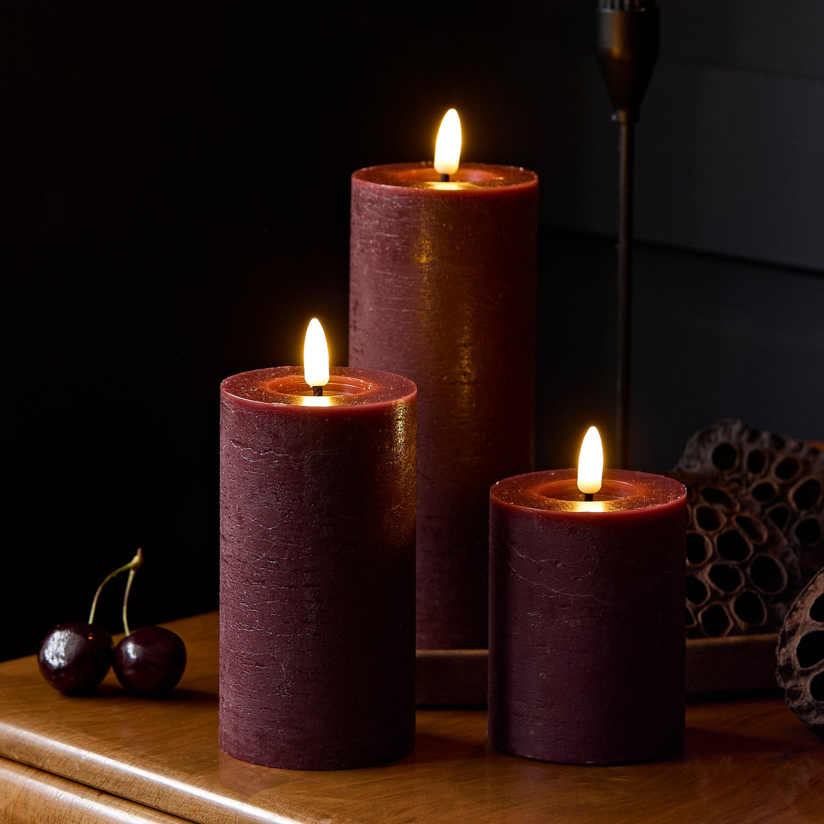 Samsta Battery Pillar Candles - Set of 3 - Burgundy Red