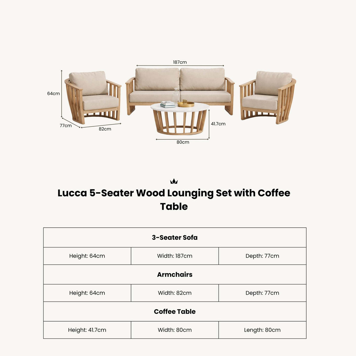 Lucca 5 Seater Acacia Lounging Set with Coffee Table