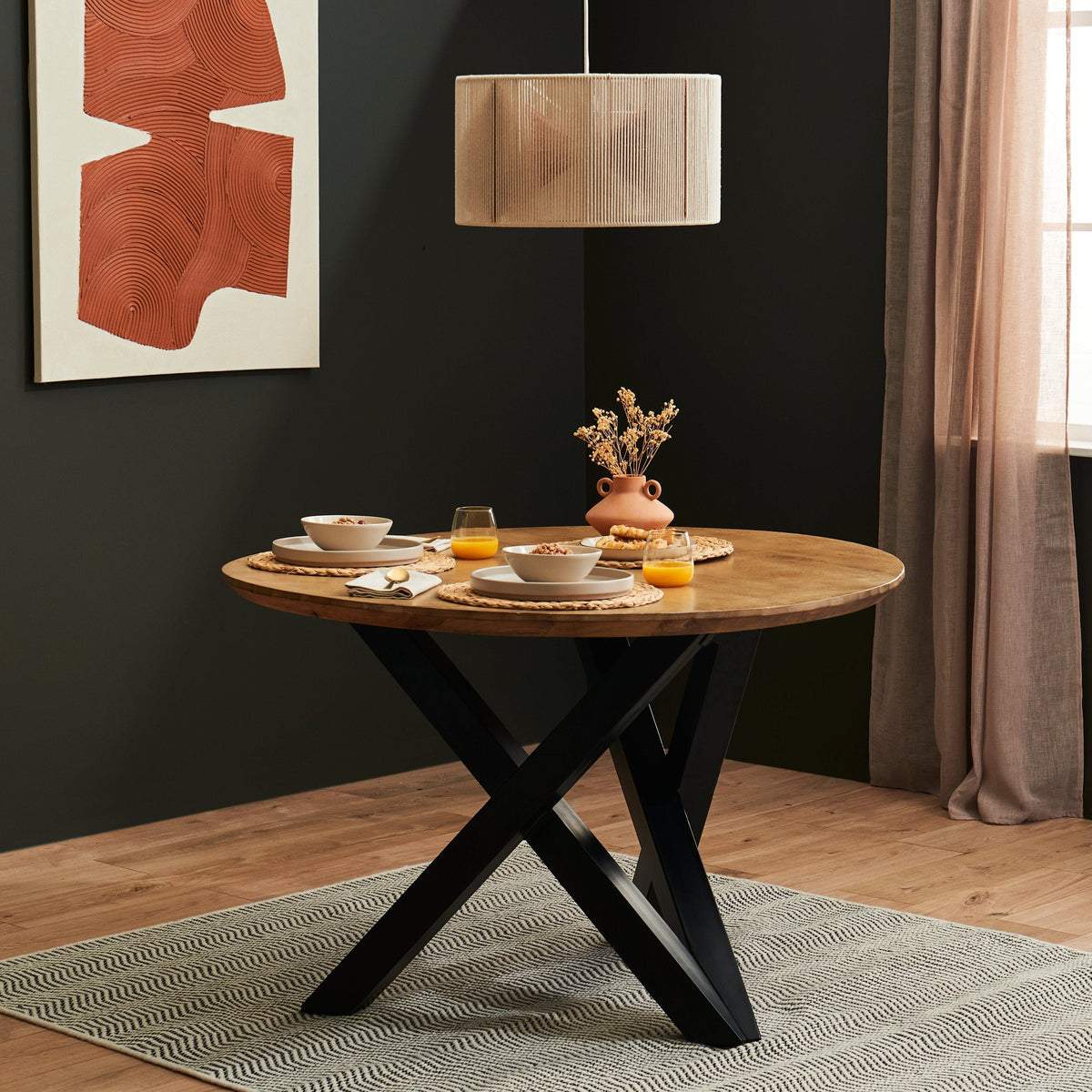 Levi Mango Wood Round Dining Table Set - 4 Seater - Dolly Boucle Dining Chairs - Black Legs