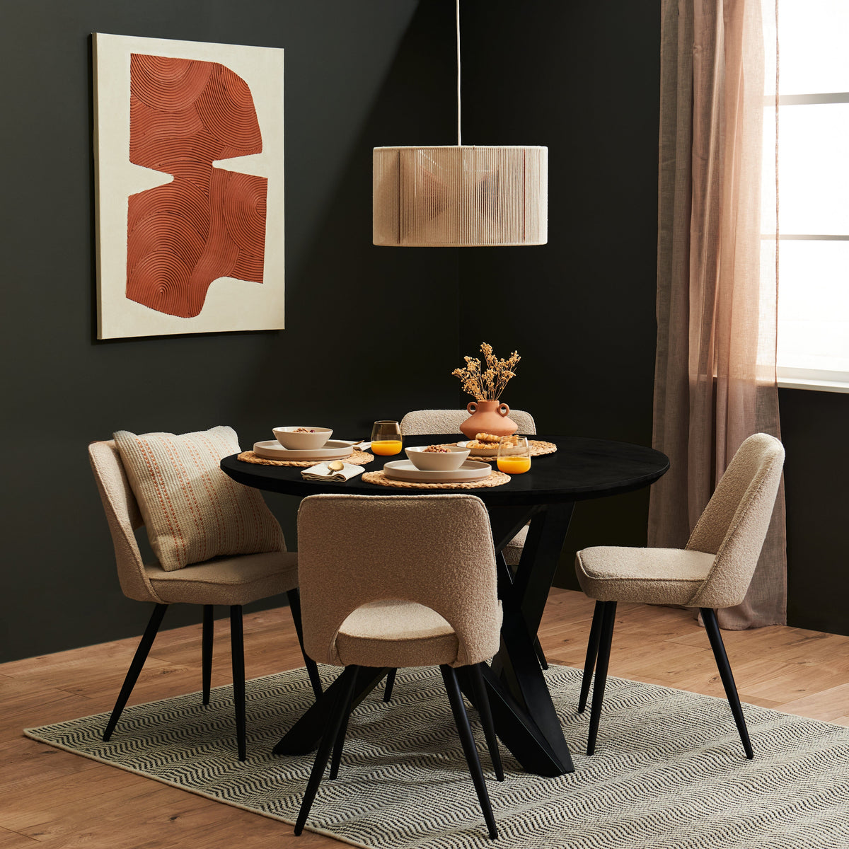 Levi Acacia Round Dining Table Set - 4 Seater - Dolly Boucle Dining Chairs - Black Legs