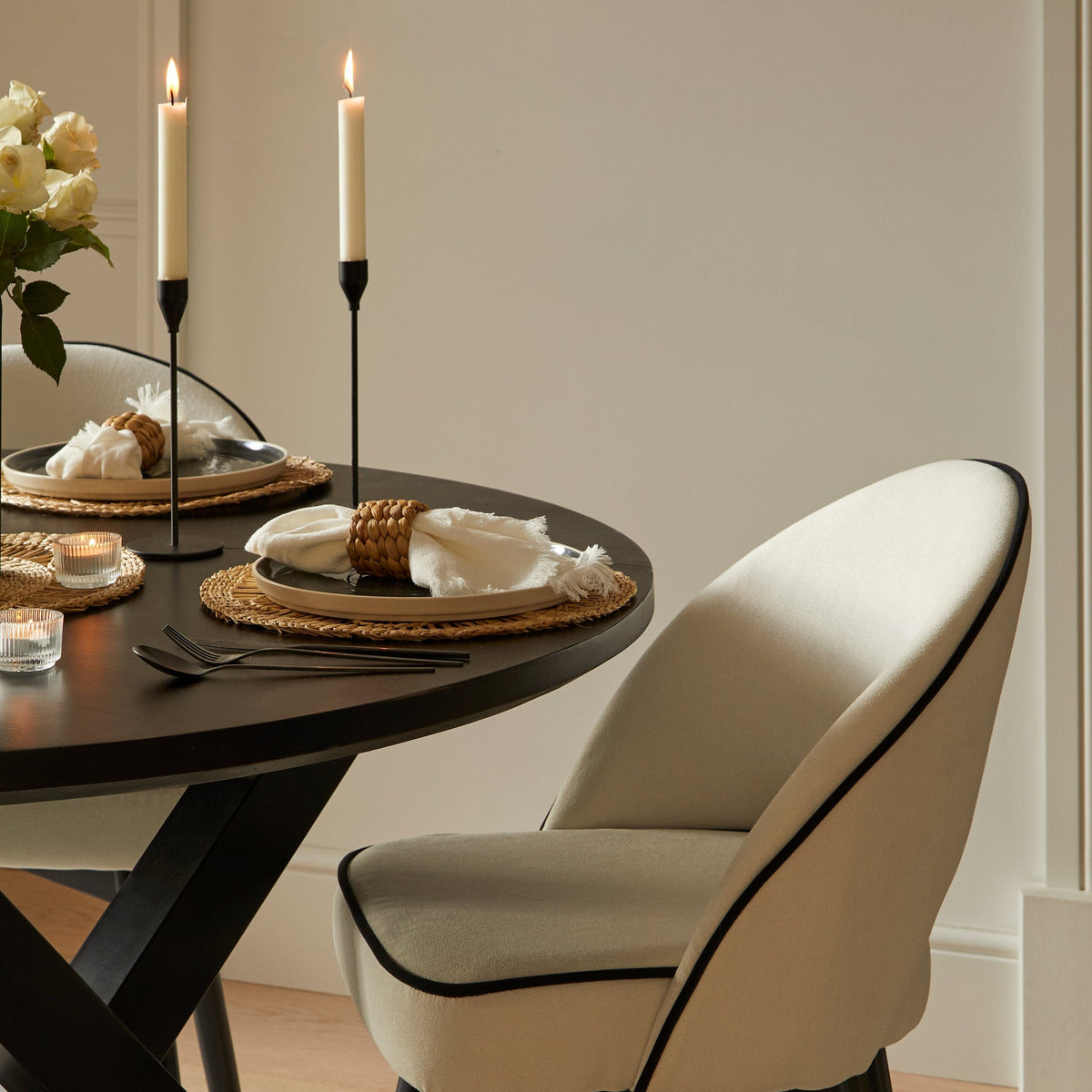 Marilyn Ivory Dining Chairs - Set of 2 - Black Oak Legs