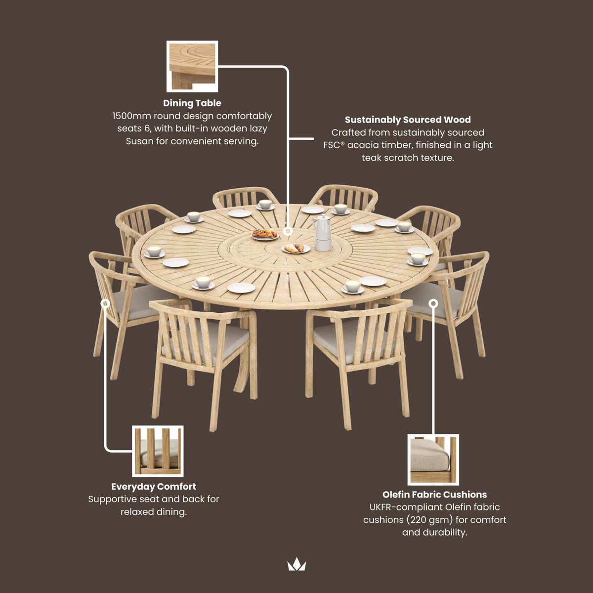 Maris 6 Seater Round Dining Table Set with Riven Chairs