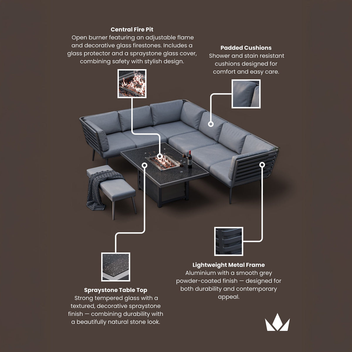 Mayfair 150cm Corner Fire Pit Table Garden Lounge Set