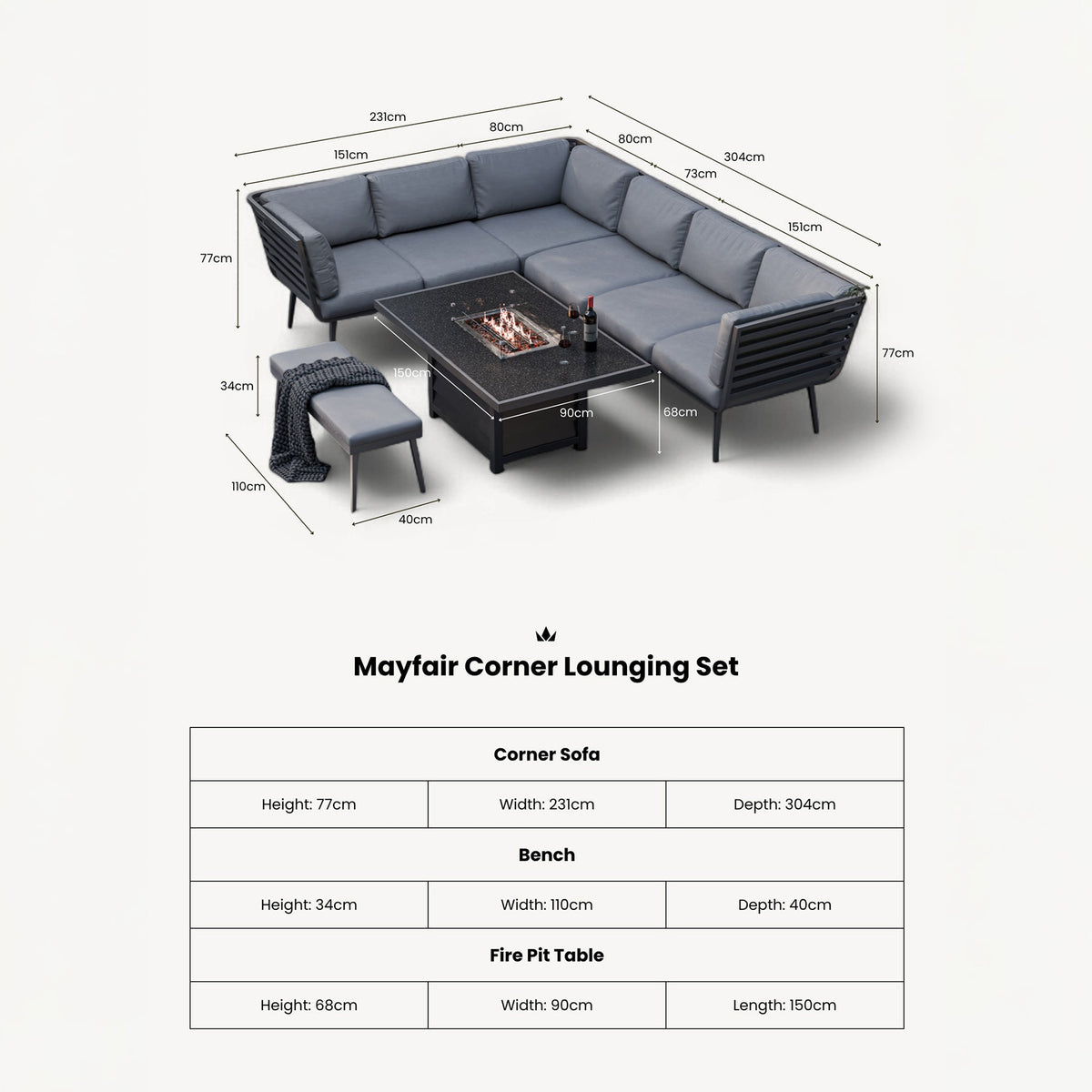 Mayfair 150cm Corner Fire Pit Table Garden Lounge Set