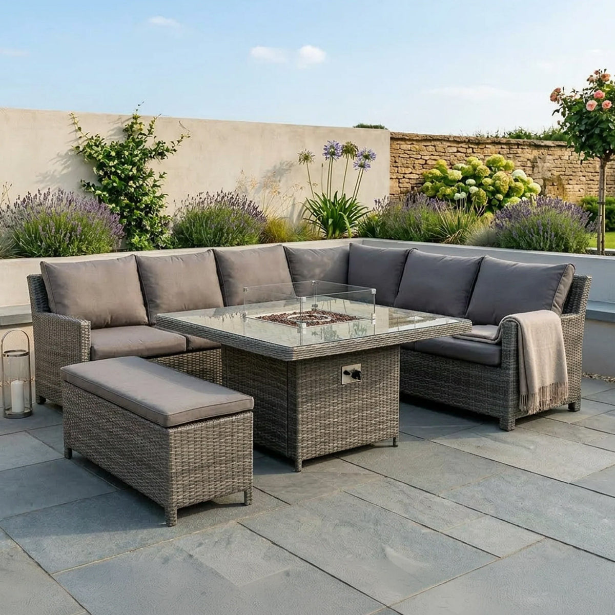 Paris 120cm Fire Pit Dine or Lounge Rattan Set with Bench