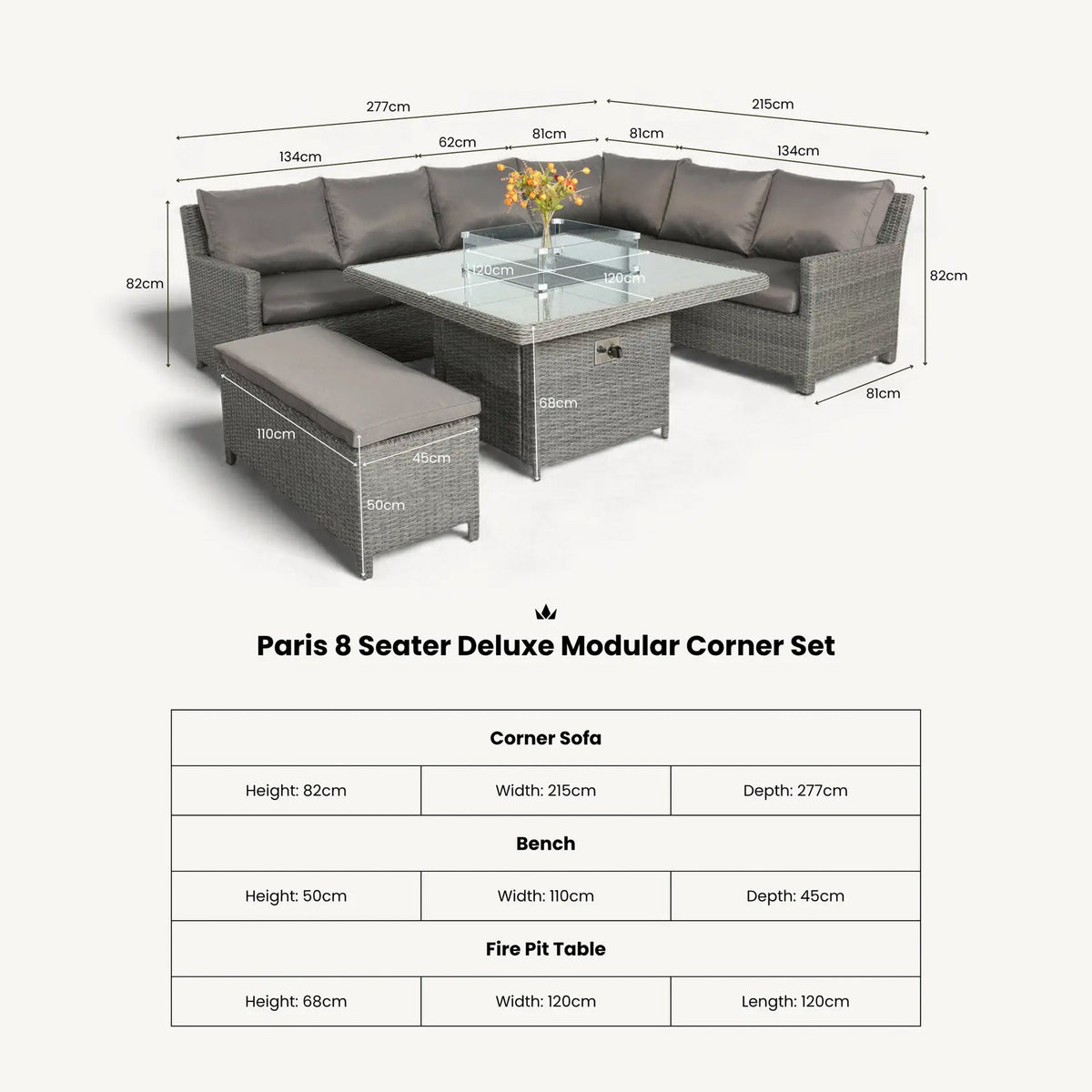 Paris 120cm Fire Pit Dine or Lounge Rattan Set with Bench