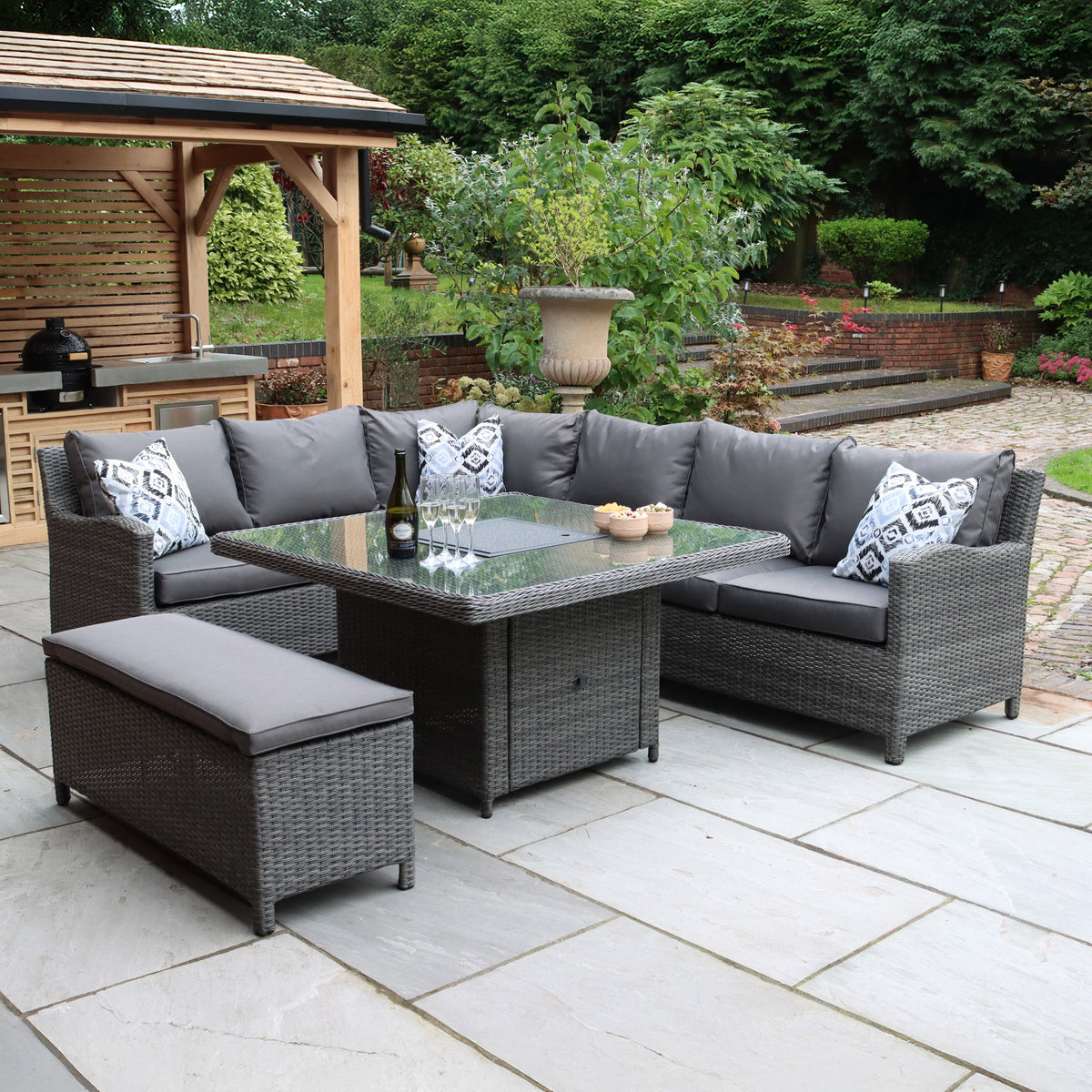 Paris 120cm Fire Pit Dine or Lounge Rattan Set with Bench
