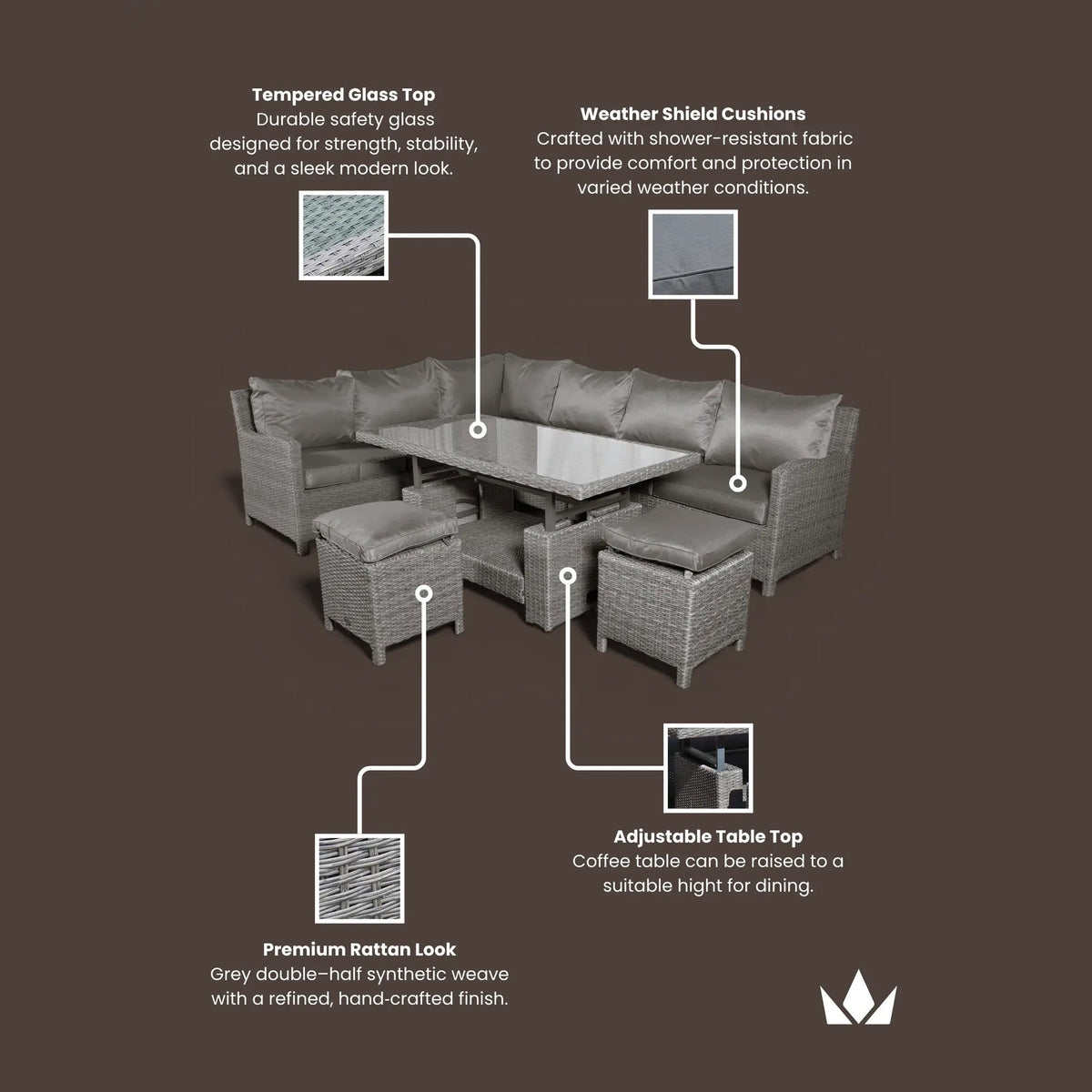 Paris Rattan Lounge Dining Set with Rise and Fall Table