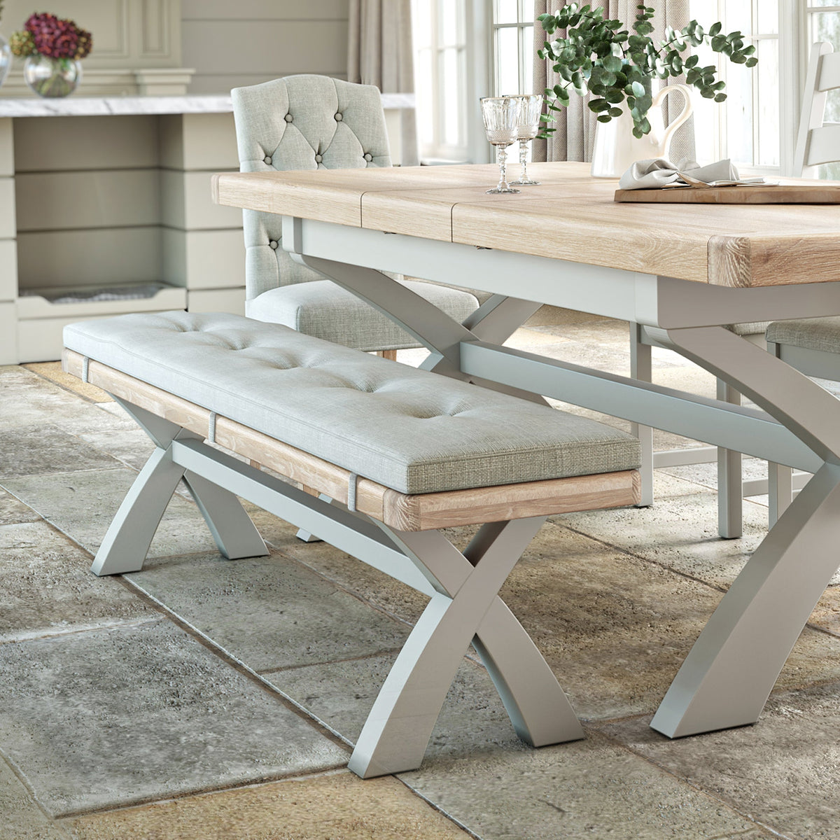 Penzance Stone Grey Cross Leg Bench