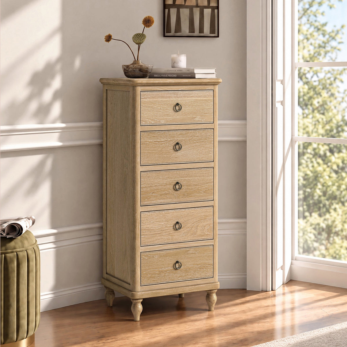 Rutland Oak 5 Drawer Tallboy Chest